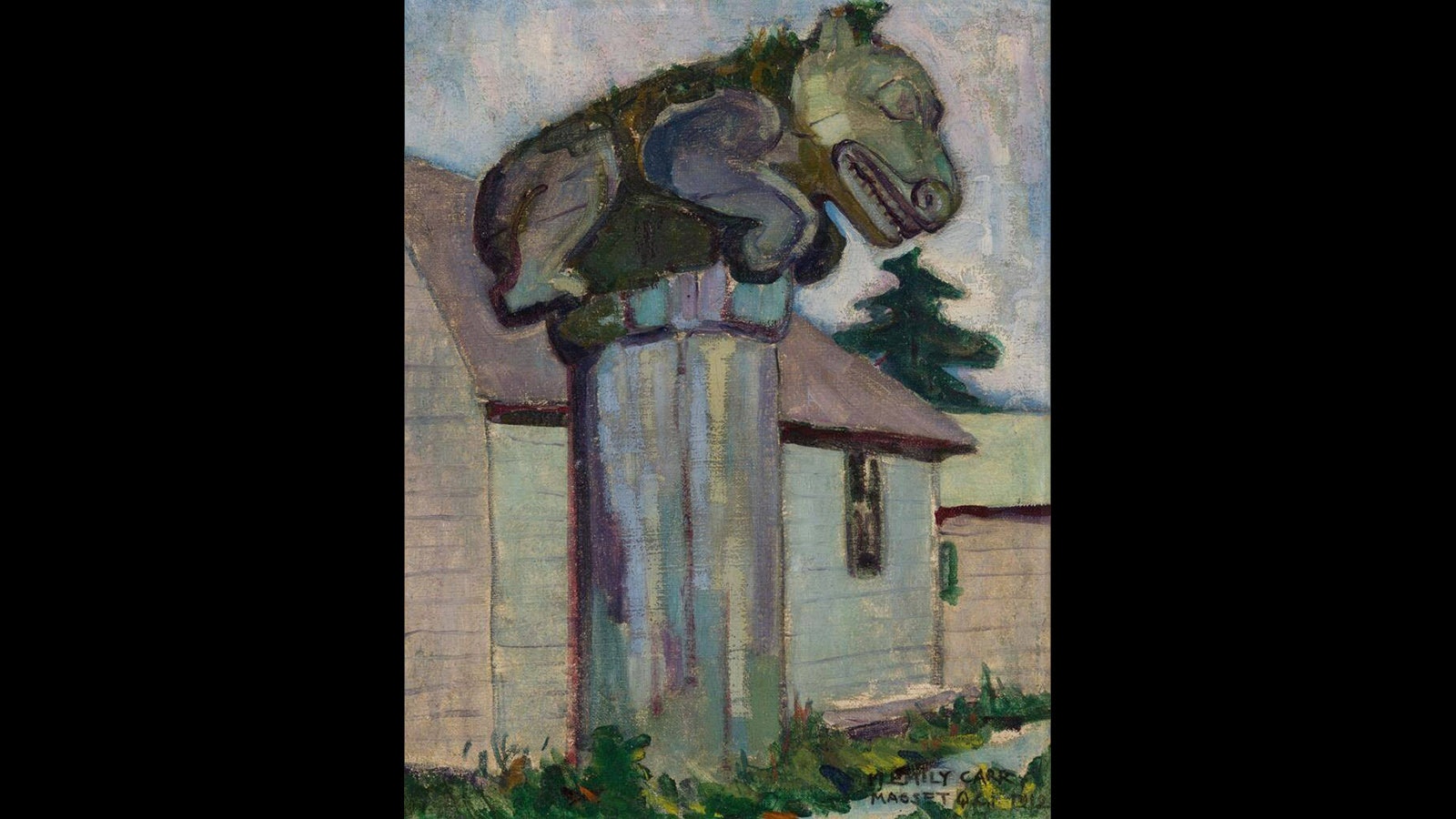 This 1921 painting “Masset, Q.C.I.,” by renowned Canadian artist Emily Carr is seen in an undated handout reproduction. It’s headed to auction after being recovered from a barn in New York state for $50.