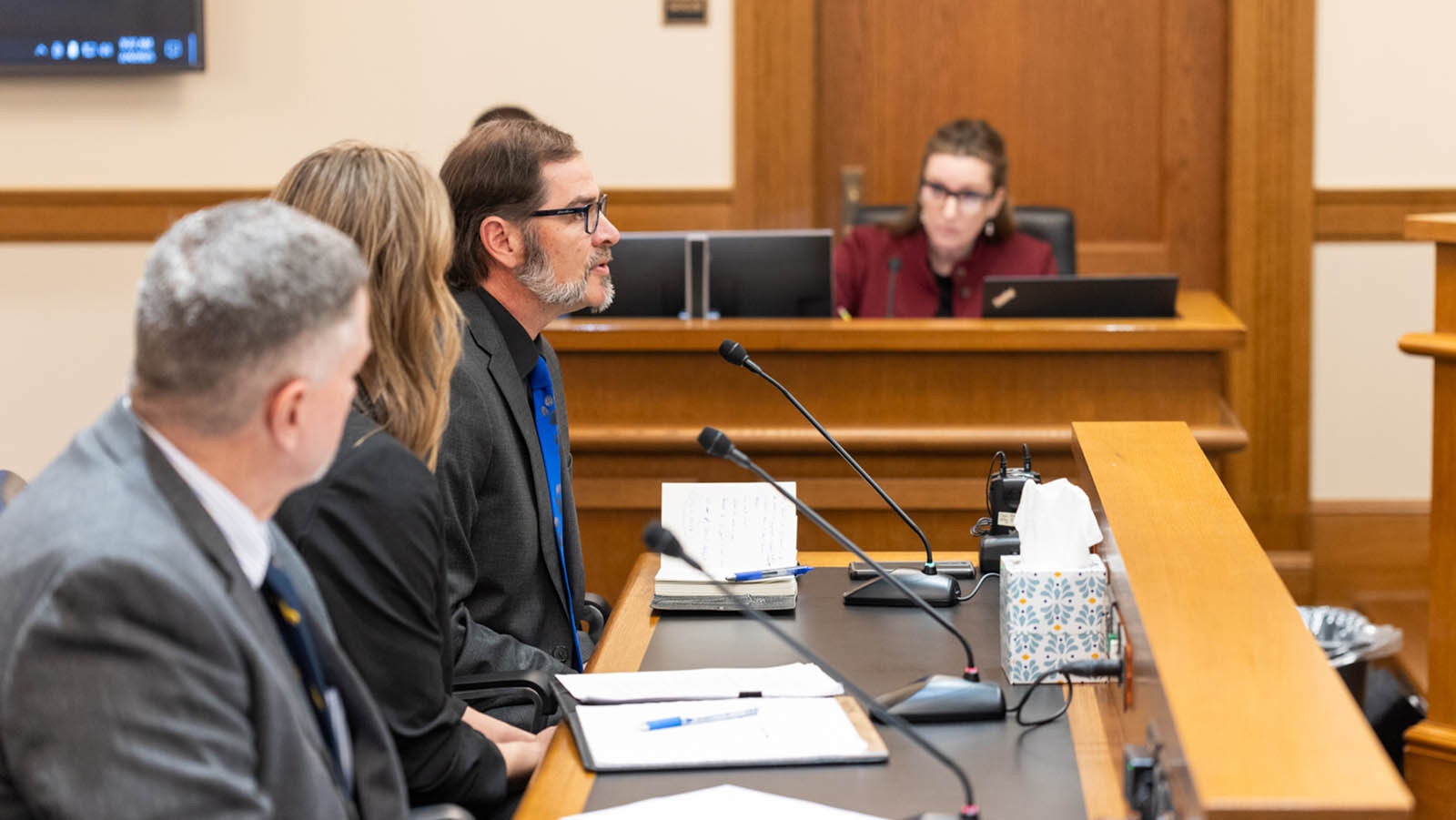 Wyoming Game and Fish large carnivore supervisor Dan Thompson testifies about the potential for grizzly delisting during a Wyoming legislative committee meeting Feb. 4, 2025.