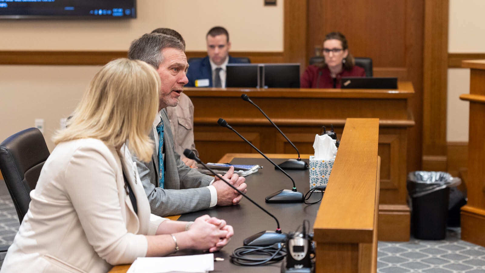 Outfitter Lee Livingston testifies about the potential for grizzly delisting during a Wyoming legislative committee meeting Feb. 4, 2025.