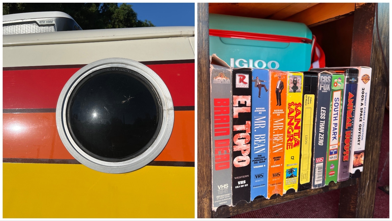 The porthole is a classic 1970s van feature, while the entertainment, while still vintage, is more 1980s with VHS tapes.