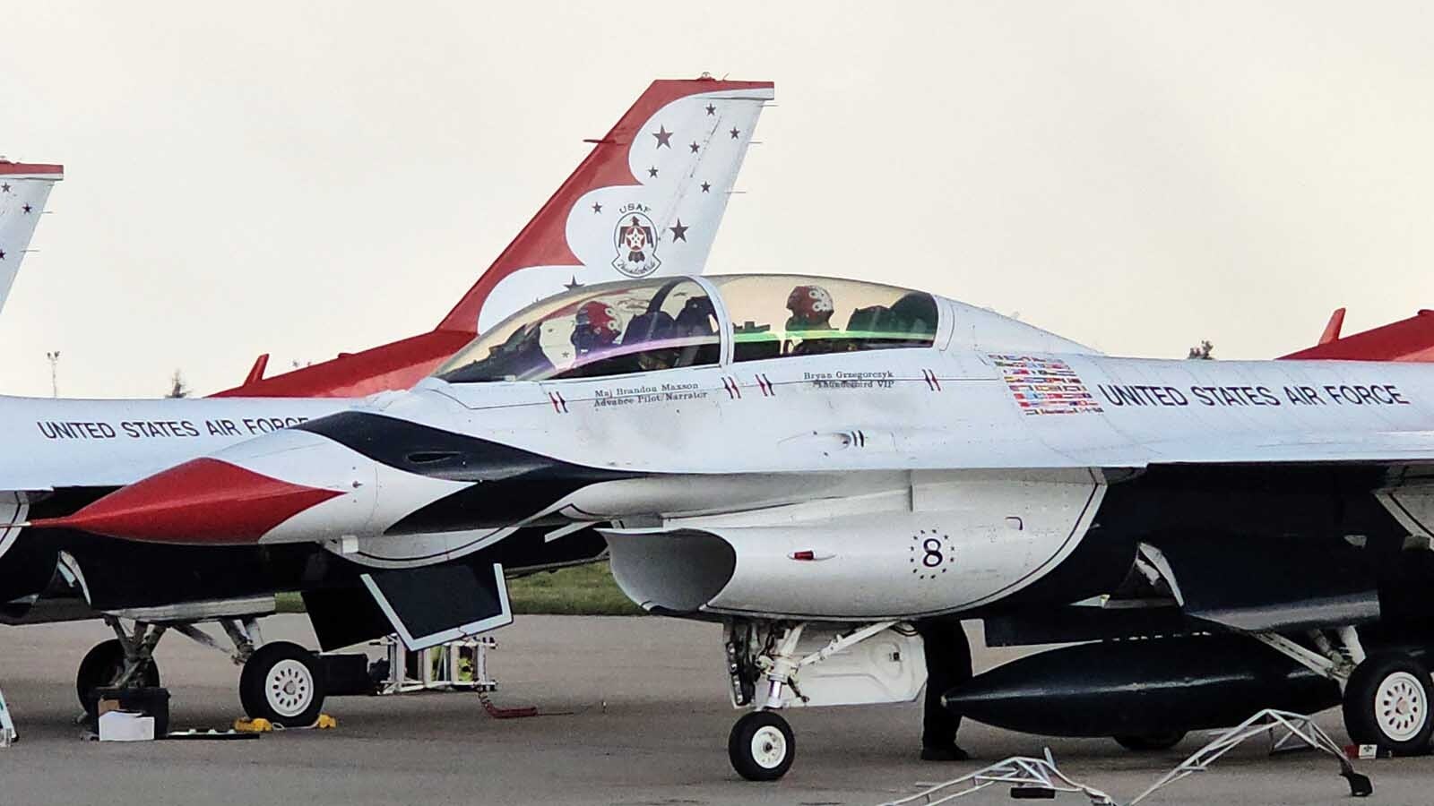 Brian "Alf" Grzegorczyk  lands in Cheyenne after his hourlong Hometown Hero Flight with the Thunderbirds on Friday.