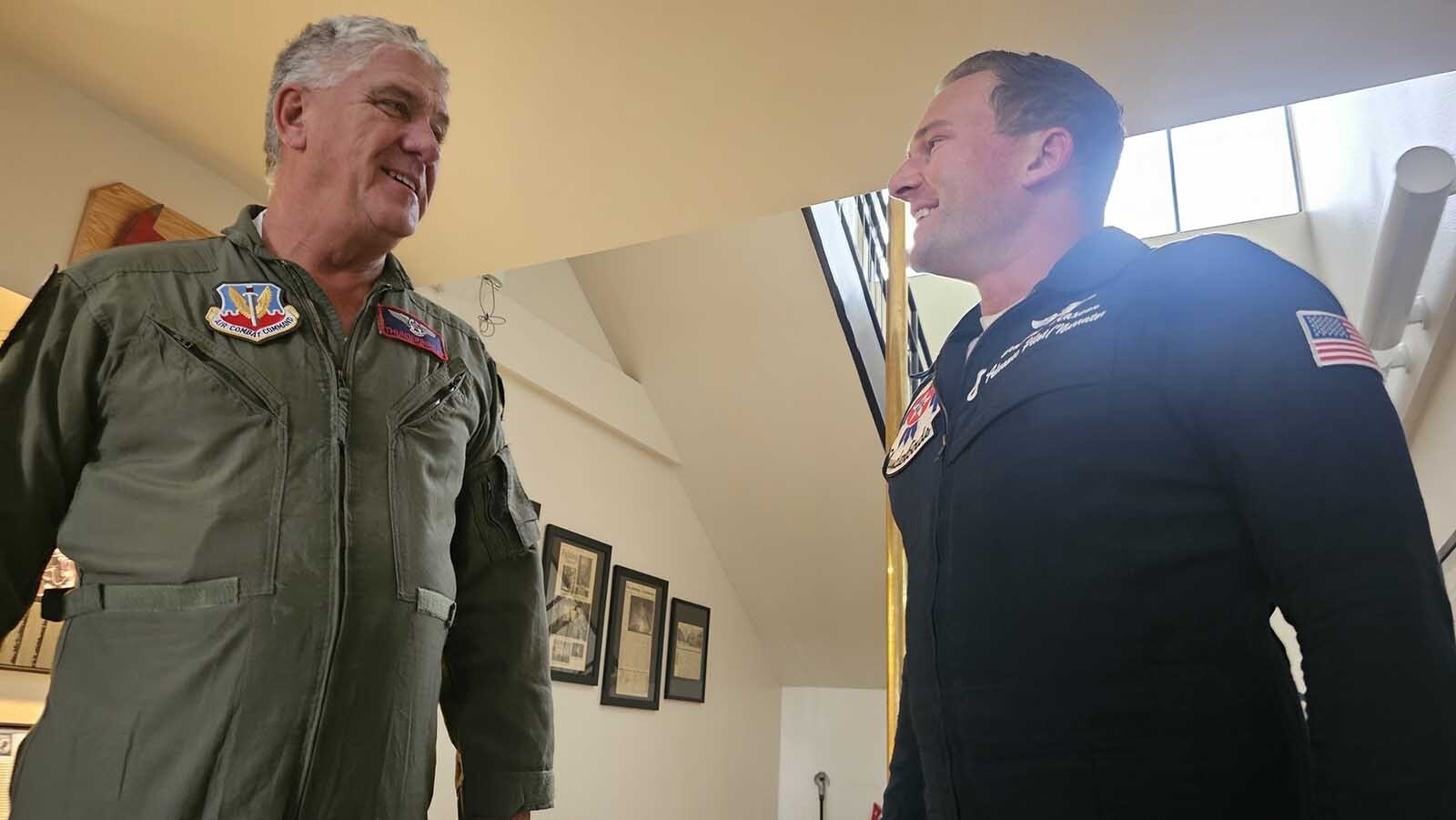 Maj. Brandon "Crime" Maxson, right, talks with Bryan “Alf” Grzegorczyk after his Hometown Hero Flight with the Thunderbirds.