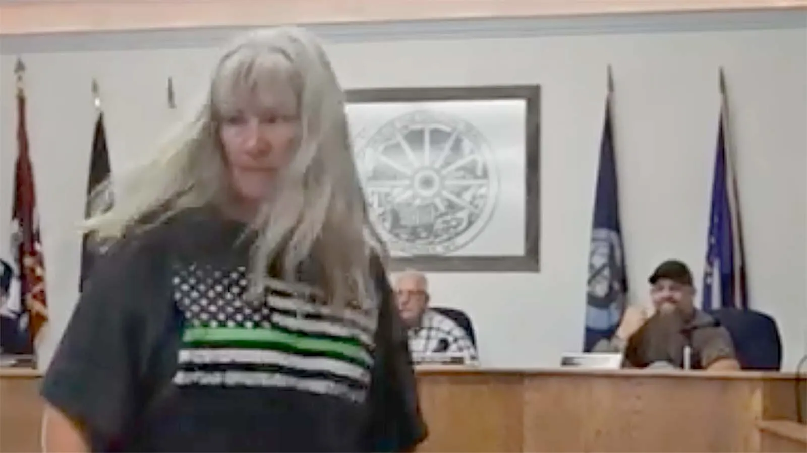 Guernsey resident and town council candidate Sue Fronapfel, left, after giving scathing criticism of a pair of council members. Member Jeremiah Fields, right, clashed with her after her comments during the Sept. 1 meeting, then again in the parking lot after the meeting.