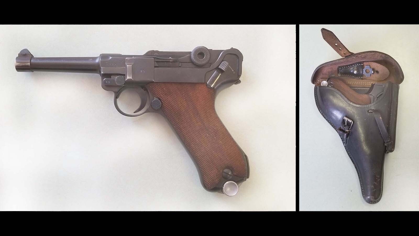 This Luger, a classic German semi-automatic pistol, is a Mauser Banner Police Model chambered for the 9x19 mm cartridge, 4-inch barrel, blued finish and walnut grips. It was manufactured in 1940 by Mauser at its Oberndorf plant.