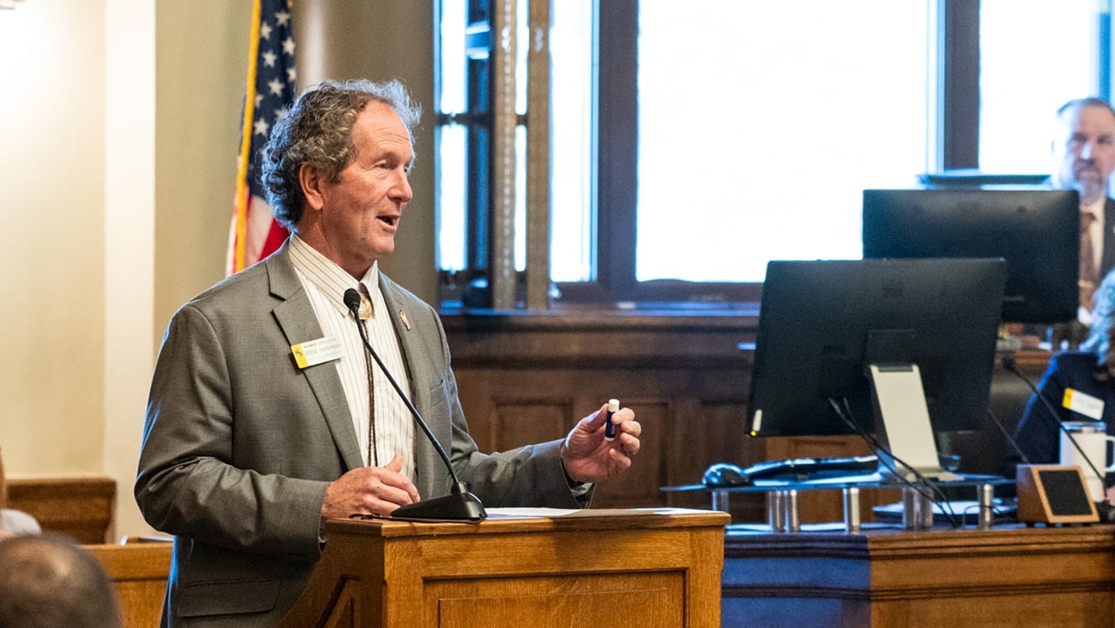 State Rep. Steve Harshman, R-Casper, debates gun-free zones on the House floor Jan. 23, 2025.