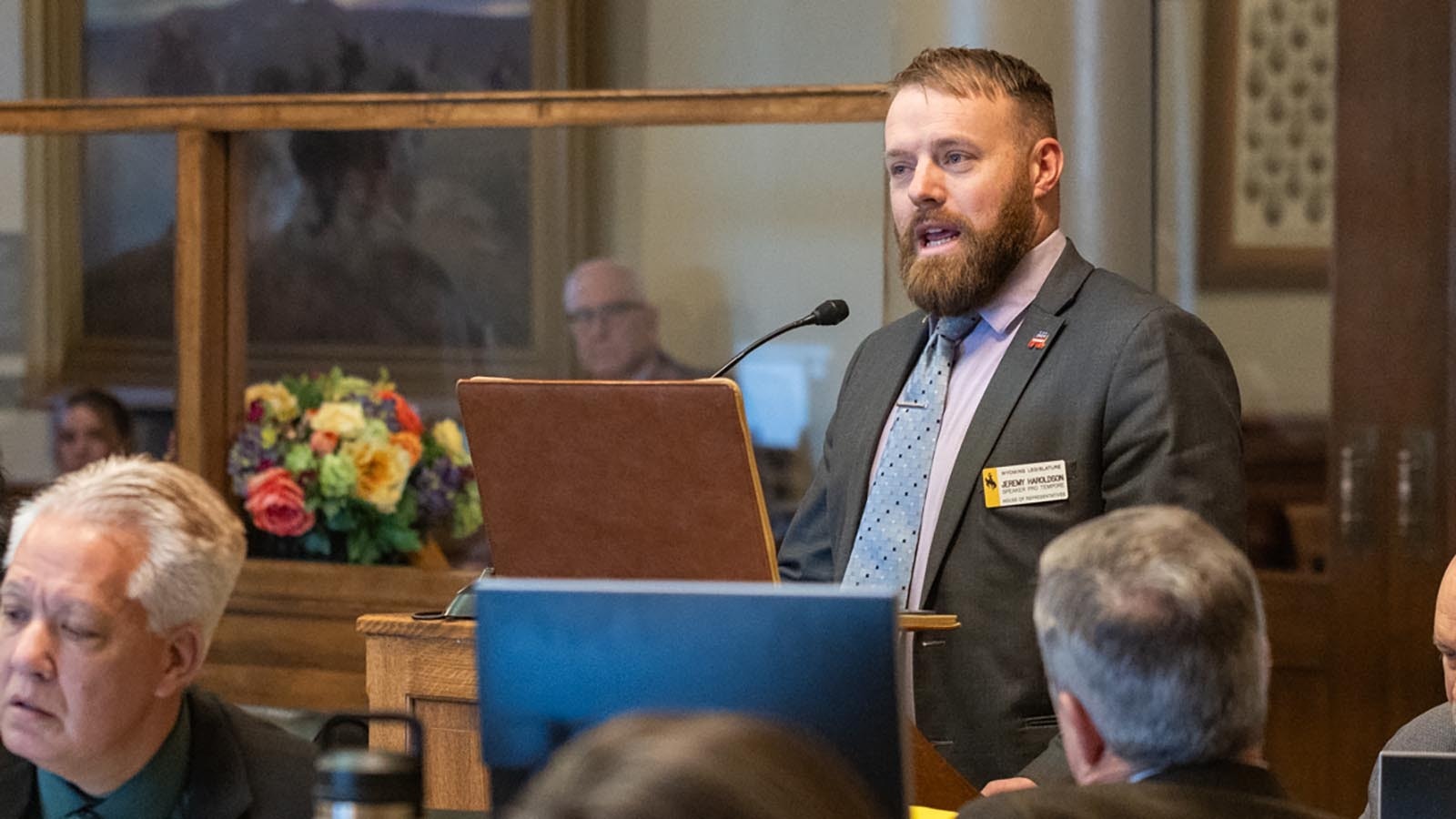 State Rep. Jeremy Haroldson, R-Wheatland, debates gun-free zones on the House floor Jan. 23, 2025.