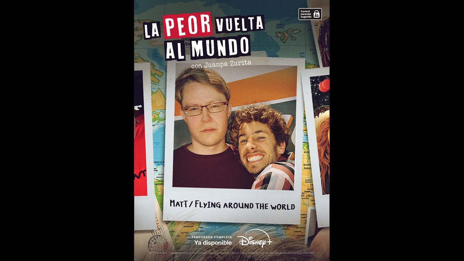 This is a poster for the Disney+ Latin America comedy series (translated to English) “The Worst Flight Around The World”. It features Wyoming pilot Matt Guthmiller and Mexican comedian Juanpa Zurita.