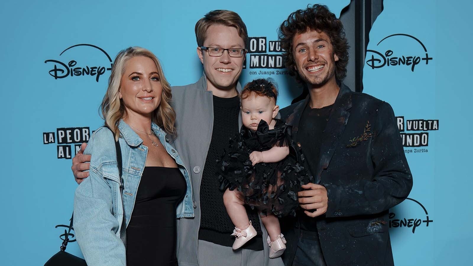 Wyoming pilot Matt Guthmiller, his fiancée Leah Pagnozzi and their daughter Emmeline, appear with Matt’s co-star, comedian Juanpa Zurita, at the premiere of the Disney+ series “The Worst Flight Around The World” in Mexico City.