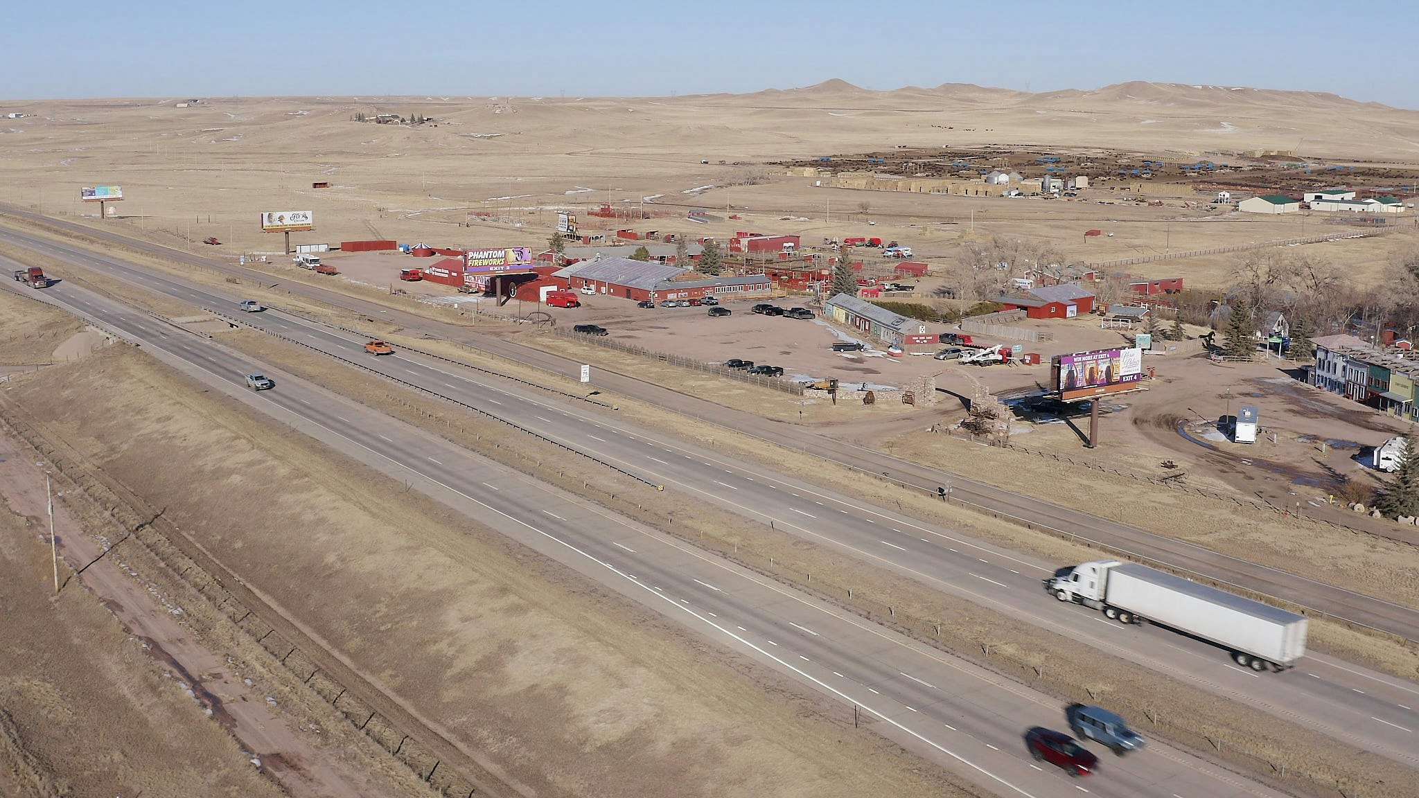 An aerial view over Terry Bison Ranch, which is located on the Wyoming-Colorado border along Interstate 25.