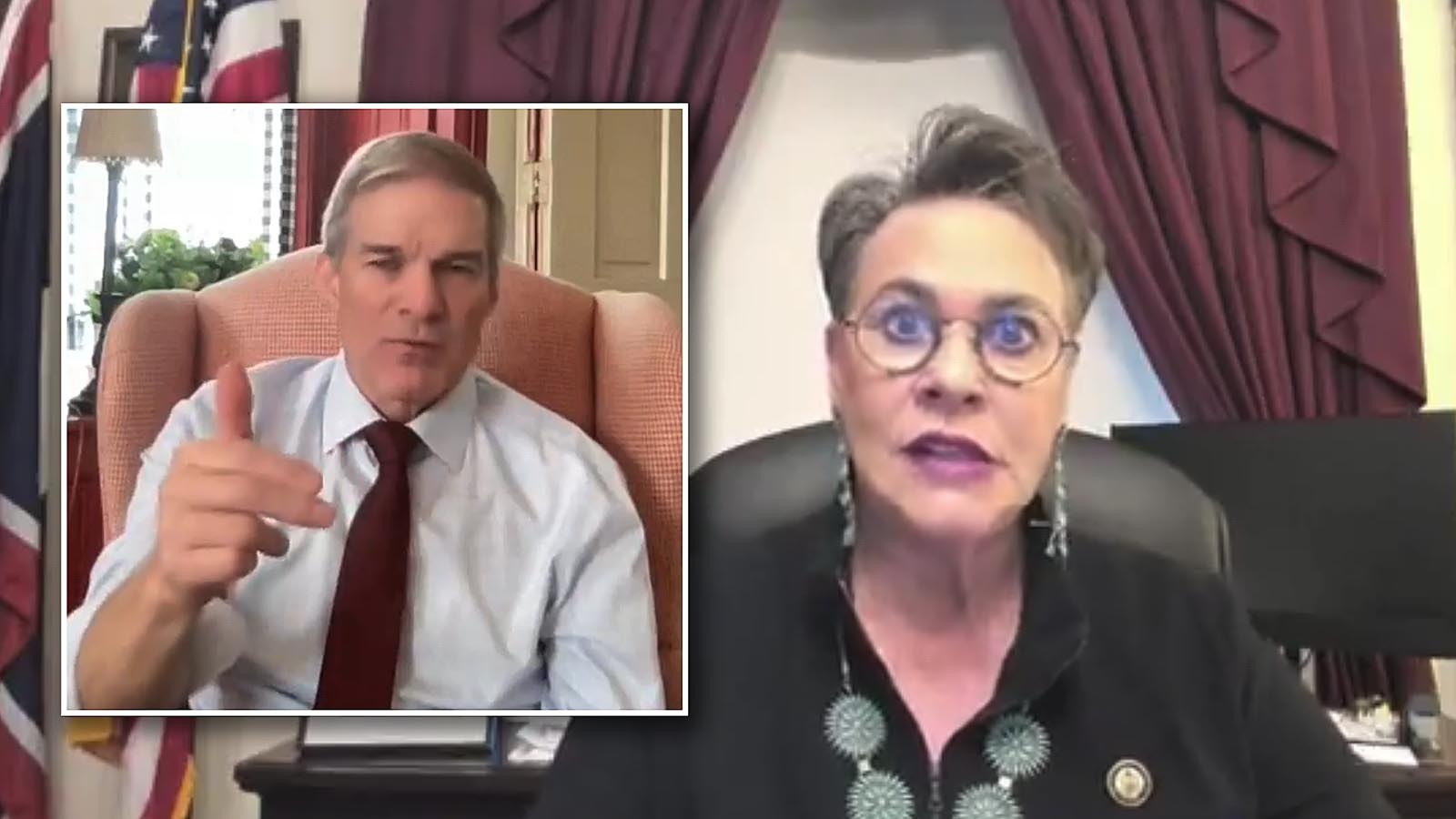 Ohio Republican Rep. Jim Jordan, left, and Rep. Harriet Hagemen during a Monday virtual Wyoming town hall.