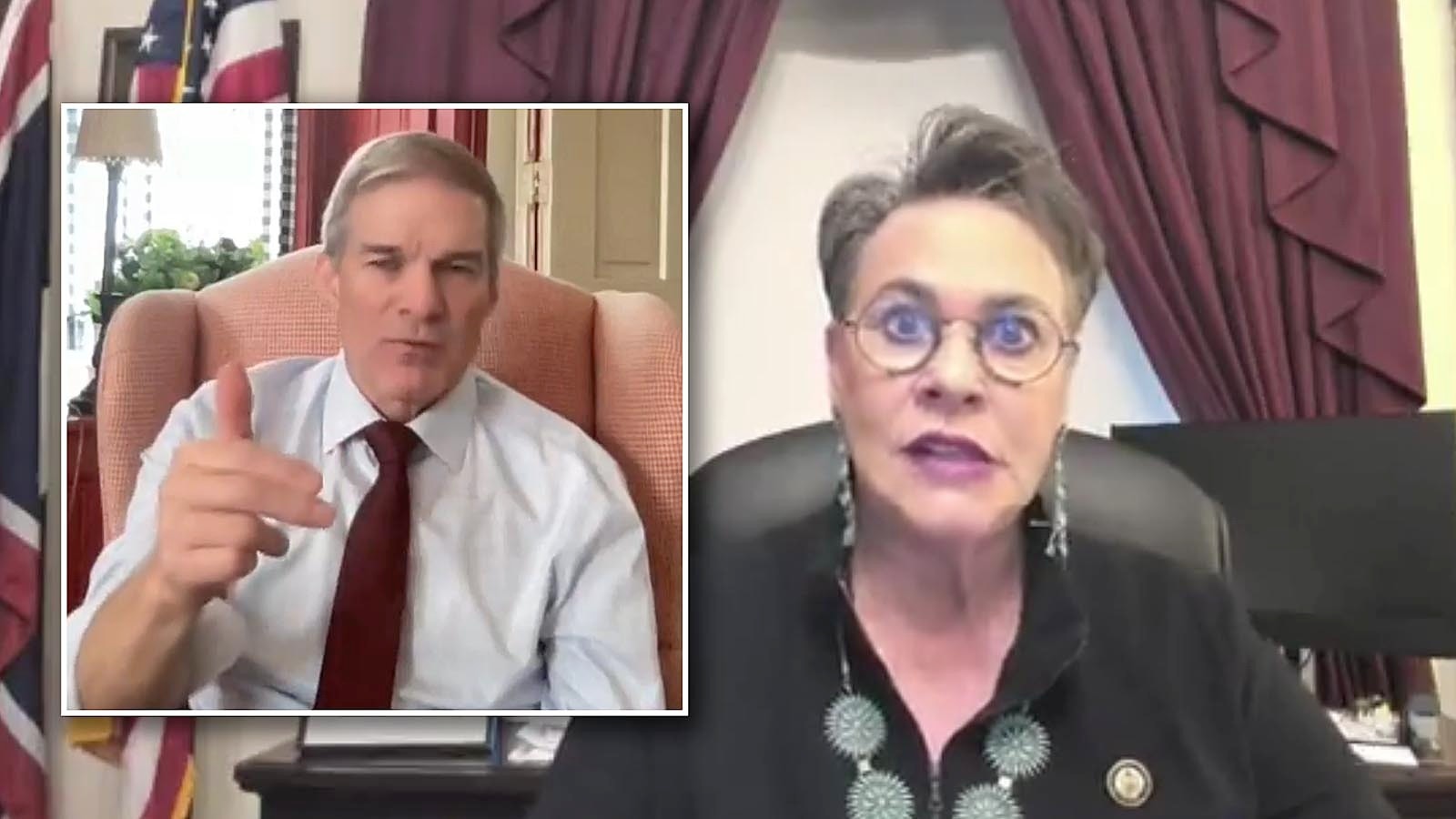 Ohio Republican Rep. Jim Jordan, left, and Rep. Harriet Hagemen during a Monday virtual Wyoming town hall.