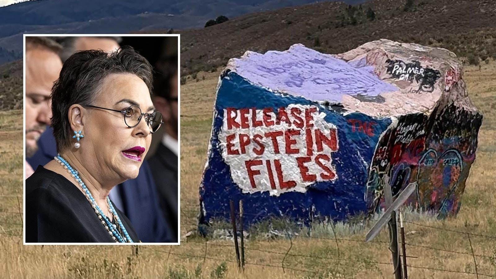 An oft-painted rock south of the Wyoming-Colorado border demands the release of the Epstein files. On Tuesday, Nov. 18, 2025, the U.S. House nearly unanimously passed a bill 427-1 to open the files, including Wyoming Rep. Harriet Hageman.