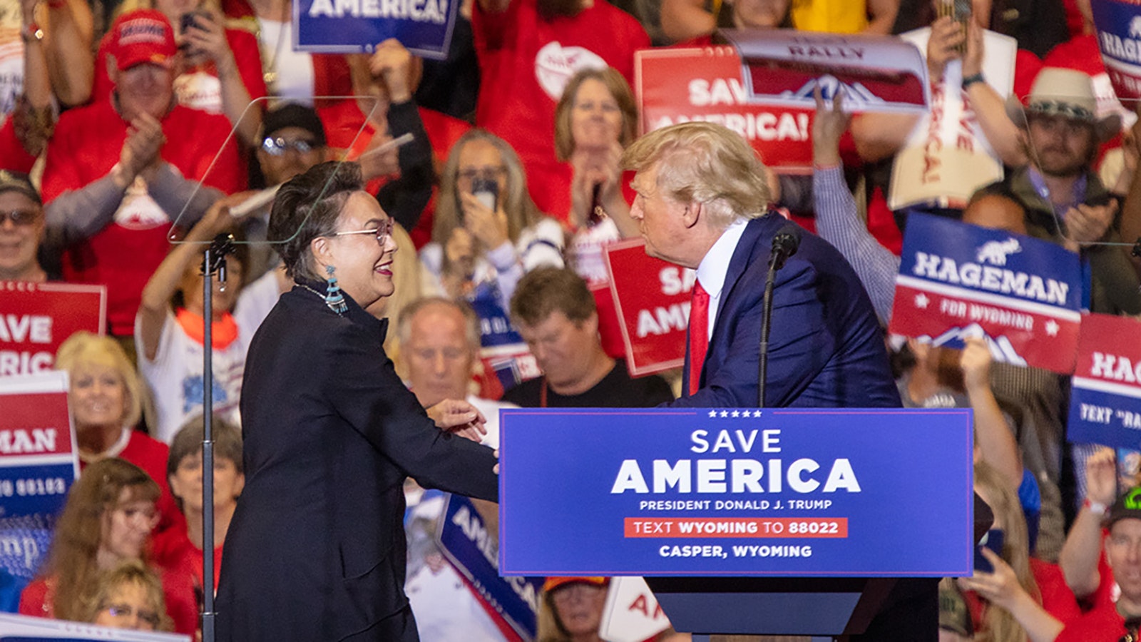 Harriet Hageman and Donald Trump together at a Save America rally in Casper, Wyoming, in May 2022.