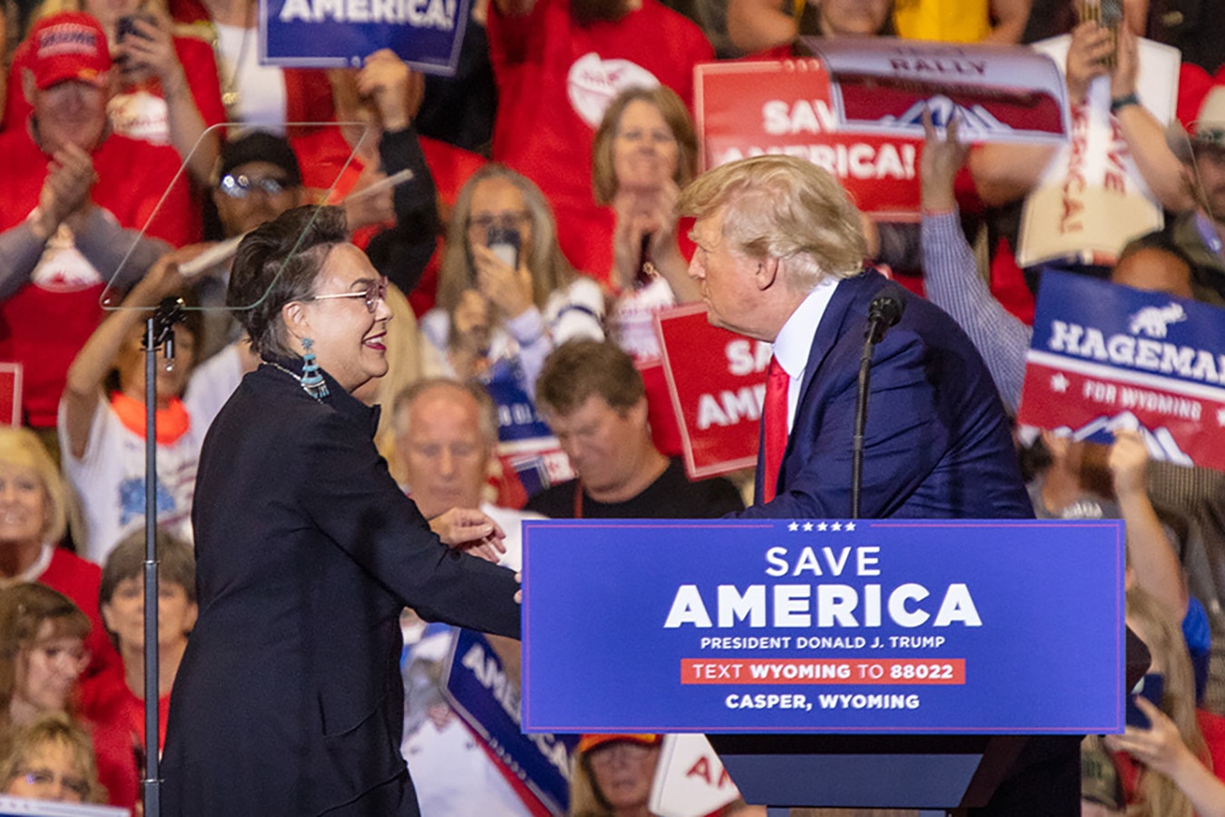 Harriet Hageman and Donald Trump together at a Save America rally in Casper, Wyoming, in May 2022.