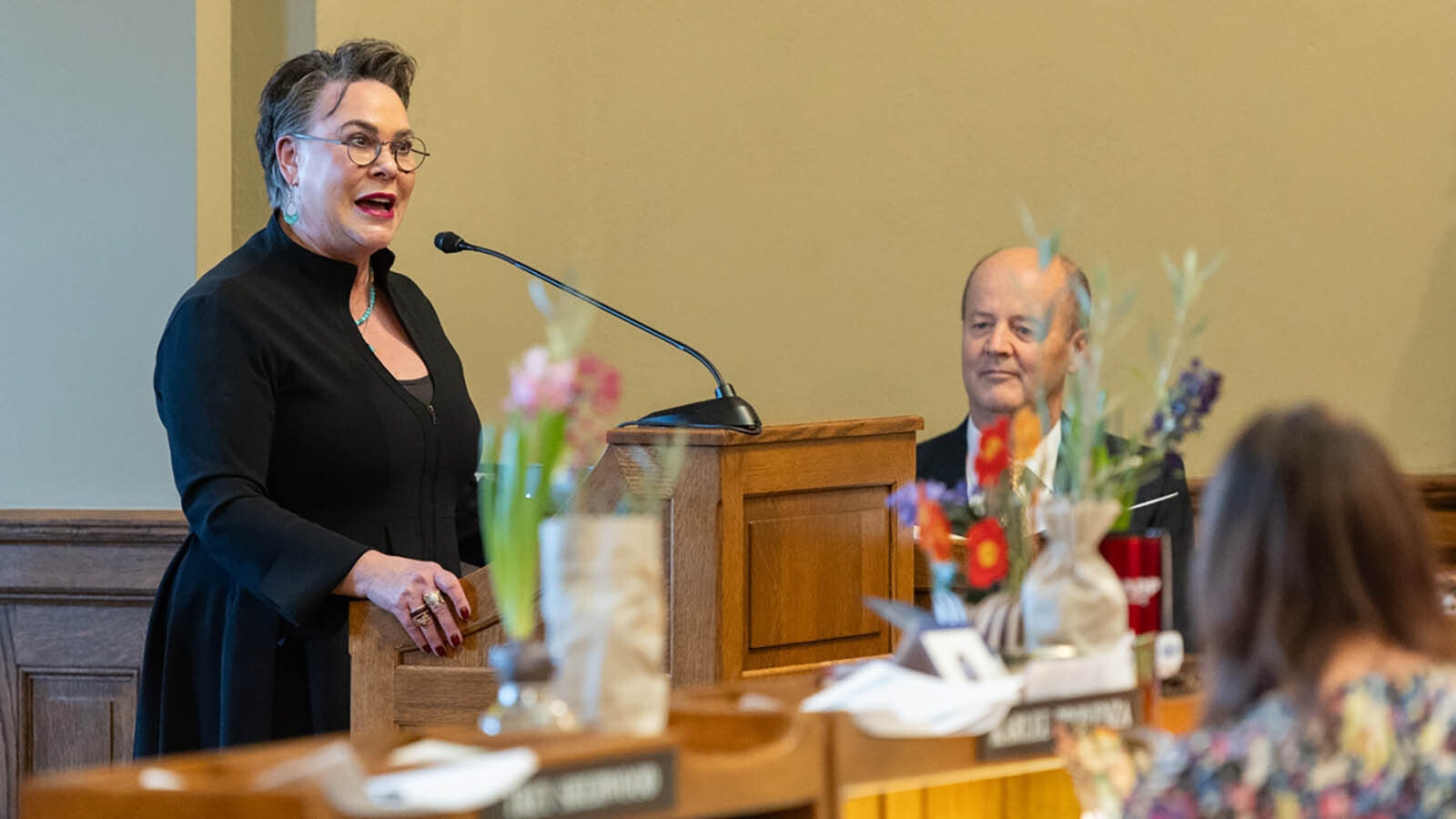 U.S. Rep. Hariett Hageman, R-Wyoming, addresses Wyoming legislators from the floor of the state House at the Capitol in Cheyenne on Friday, Jan. 31, 2025.