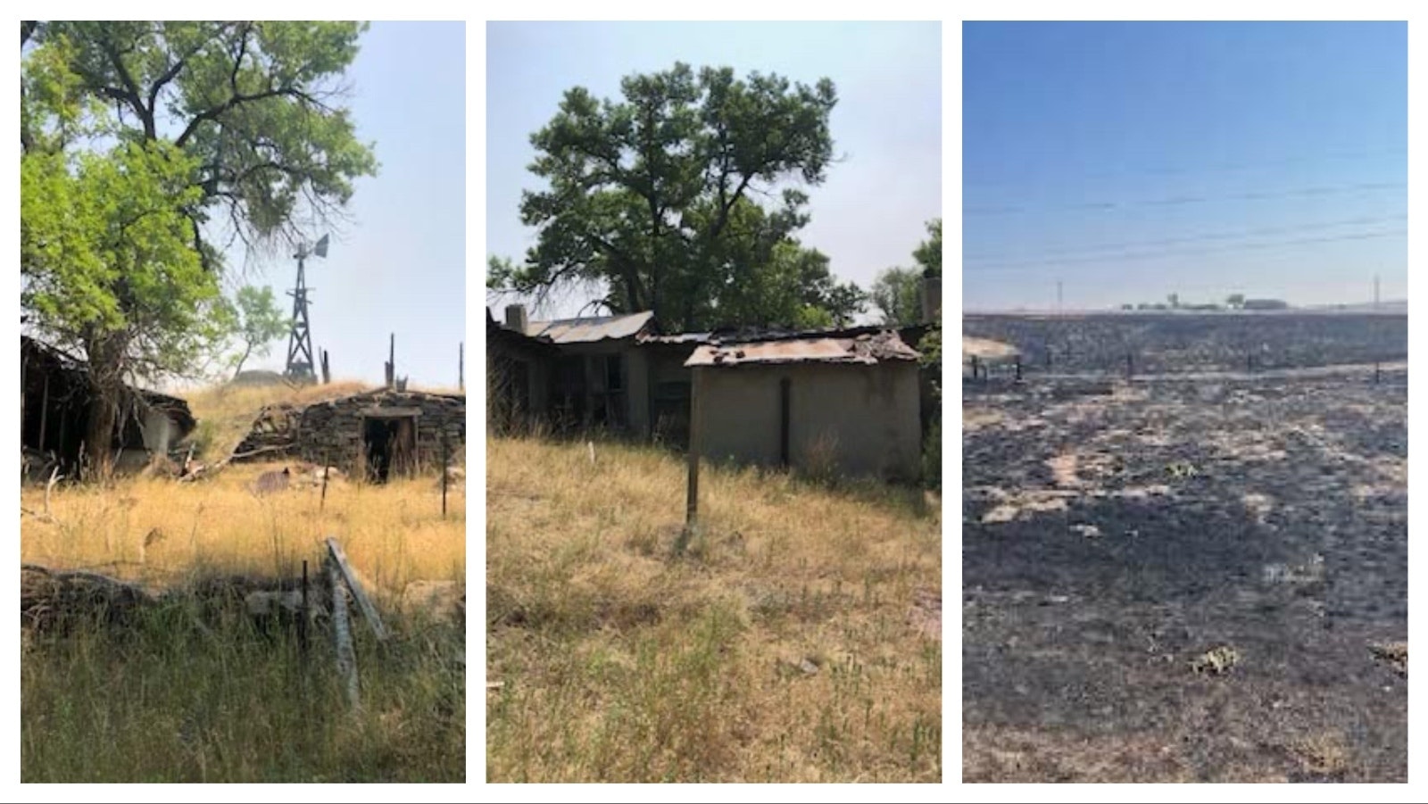 At left, a windmill overlooks an old outbuilding near the homestead where U.S. Rep. Harriet Hageman, R-Wyoming, grew up in McGinnis Pass, located about 8 miles north of Guernsey, Wyoming. A potato cellar is in the foreground; center, more of the old homestead house; right, roughly 8,000 of the Hageman family’s 25,000-30,000 acres of land burned during the Pleasant Valley Fire.