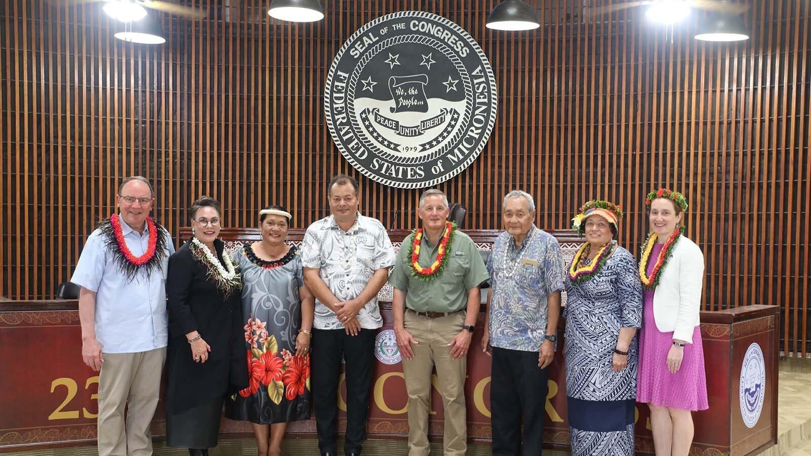Harriet Hageman, second from left, is welcomed to Guam by local officials during a recent visit to the U.S. Pacific Island territory.