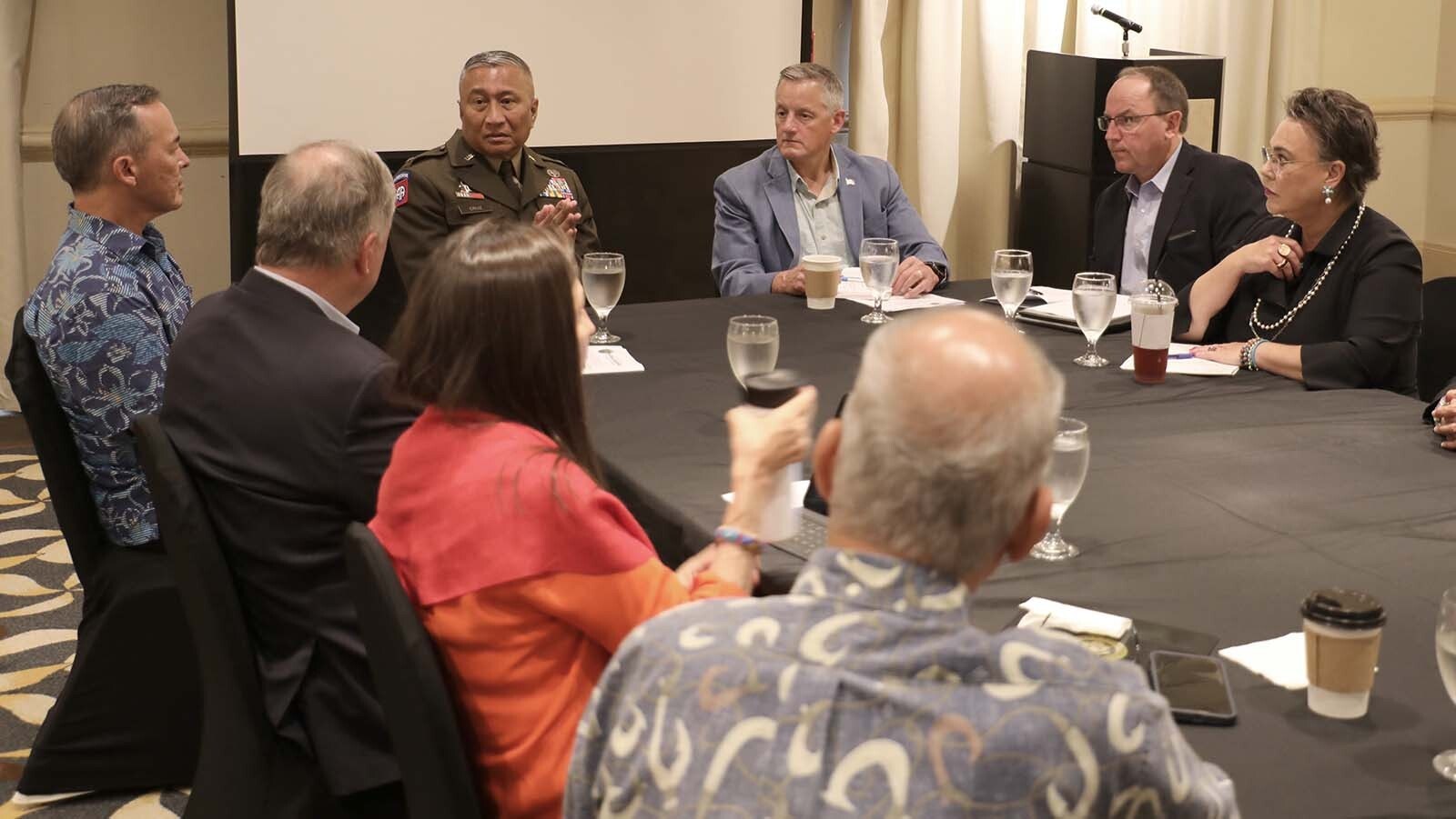 U.S. Rep. Harriet Hageman, far right, talks with officials on Guam about a range of issues, including potential threats from China.