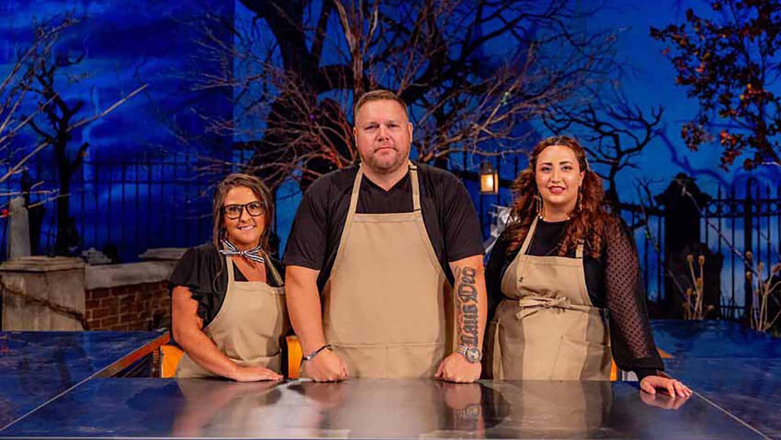 Shannon Mayes of Lovell, left, stands next to her "Halloween Wars" Delectable Demons teammates Eric Jones and Briea Nathan. Nathan is a previous champion on the show and Jones was a runner-up.