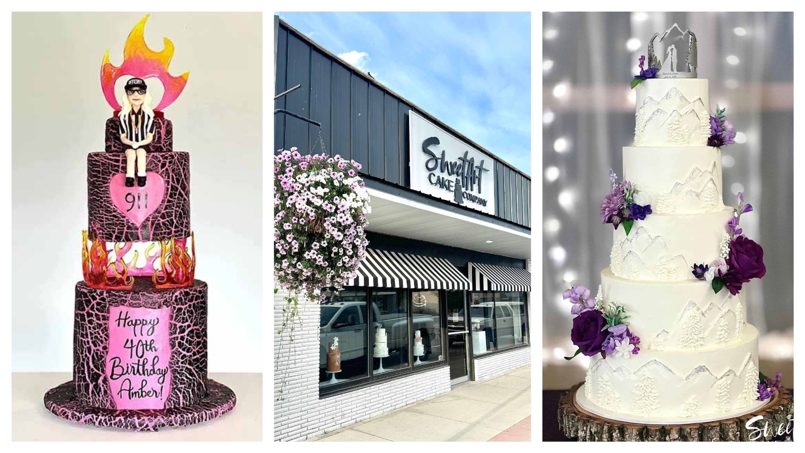 Left, Shannon Mayes made a birthday cake for a member of Guy Fieri's All-American Road Trip show when it was filmed in Cody. Center, her new storefront for SweetArt Cake Co. Right, a wedding cake she made.