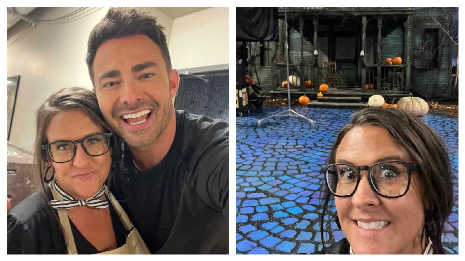 Left, Shannon Mayes of Lovell takes a picture with "Halloween Wars" host Jonathan Bennett. Mayes is part of season 14 of the show, which premiers Sunday, Sept. 22. Right, Mayes on the set of "Halloween Wars."