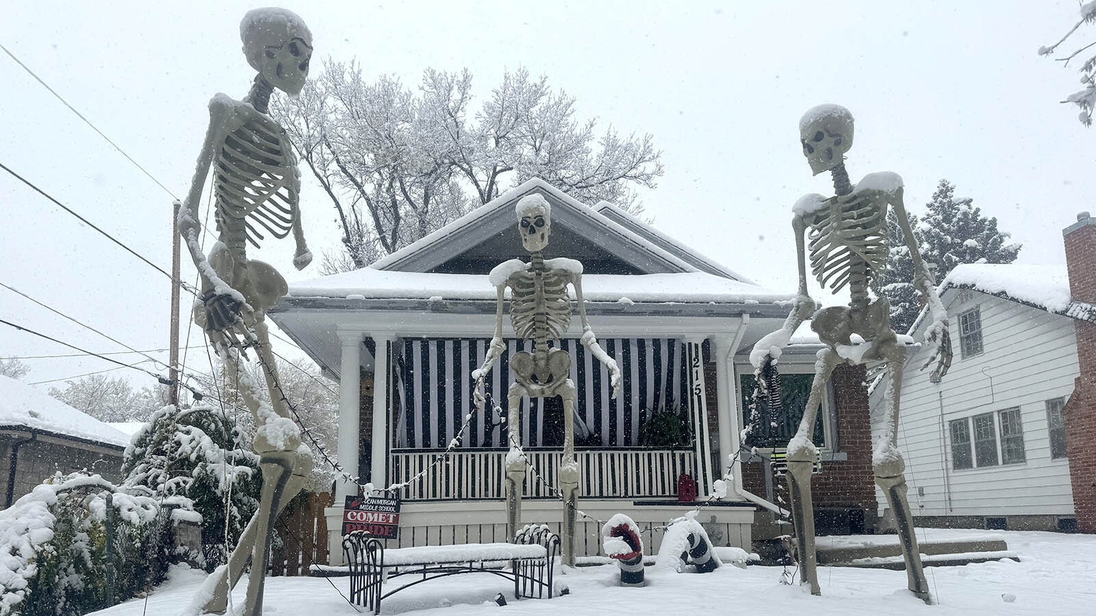 These giant skeletons in front of a house on 9th Street don't seem to mind the snow falling in Casper on Tuesday, Oct. 29, 2024.