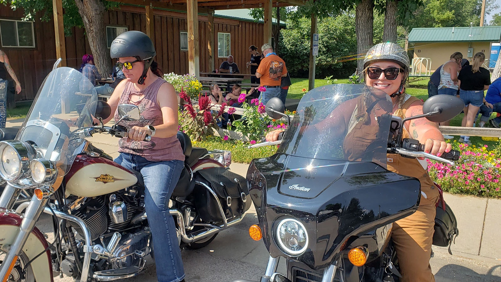 Erika Green Labor, left, and Kady Dubrock get ready to head for Devils Tower after visiting the Ham-N-Jam.