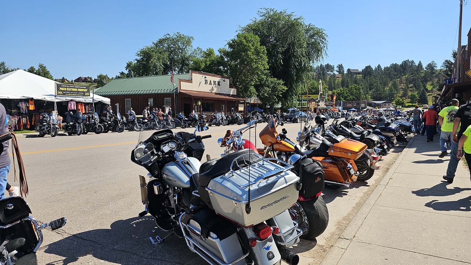 About 25,000 Sturgis Motorcycle Rally bikers made a pit stop in tiny Hulett, Wyoming, on Wednesday for the town’s famous Ham and Jam street party. Free barbecue and revving engines through the main drag are traditions some bikers have kept going for decades.