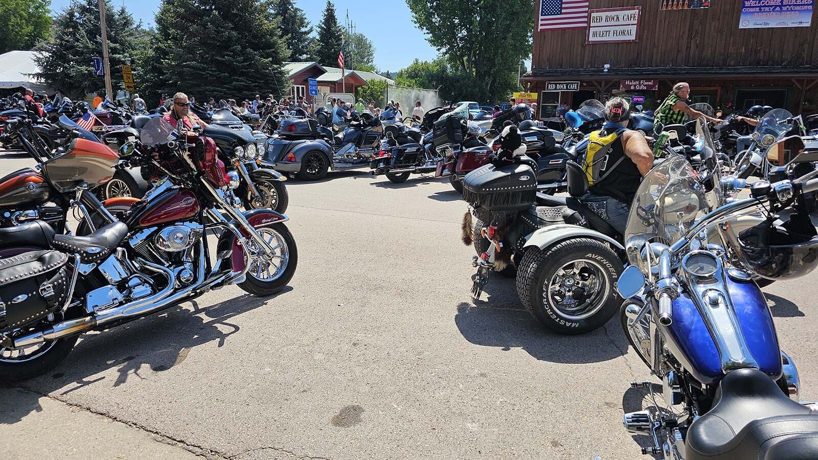 About 25,000 Sturgis Motorcycle Rally bikers made a pit stop in tiny Hulett, Wyoming, on Wednesday for the town’s famous Ham and Jam street party. Free barbecue and revving engines through the main drag are traditions some bikers have kept going for decades.