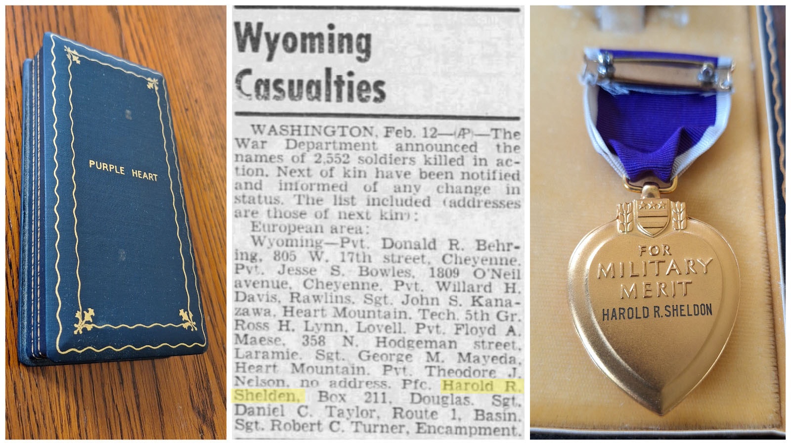 Scott Rayl shares these photos of the Harold Shelden's Purple Heart and its box sandwiched around a column from the Feb. 12, 1945, Casper Tribune-Herald announcing Wyoming World War II casualties, including Shelden. (Note: The War Department misspelled his name on the decoration)