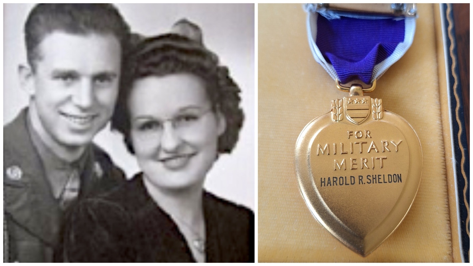 Harold and Ruth Shelden would be married only a short time. After Harold was killed in the Netherlands, his Purple Heart was sent to Ruth, who had already remarried. (Note: The War Department misspelled his name on the decoration)