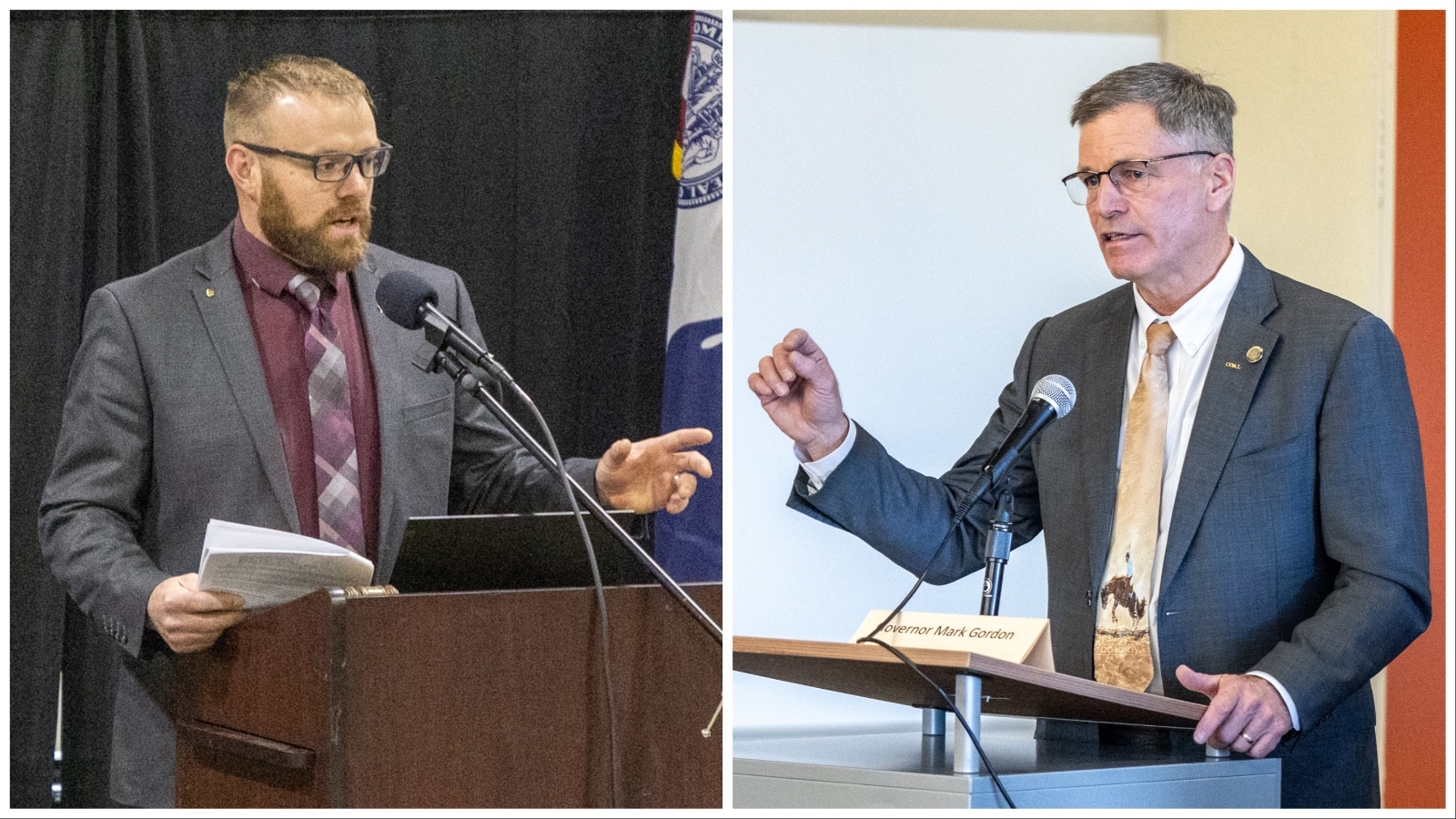 State Rep. Jeremy Haroldson, R-Wheatland, left, and Gov. Mark Gordon.