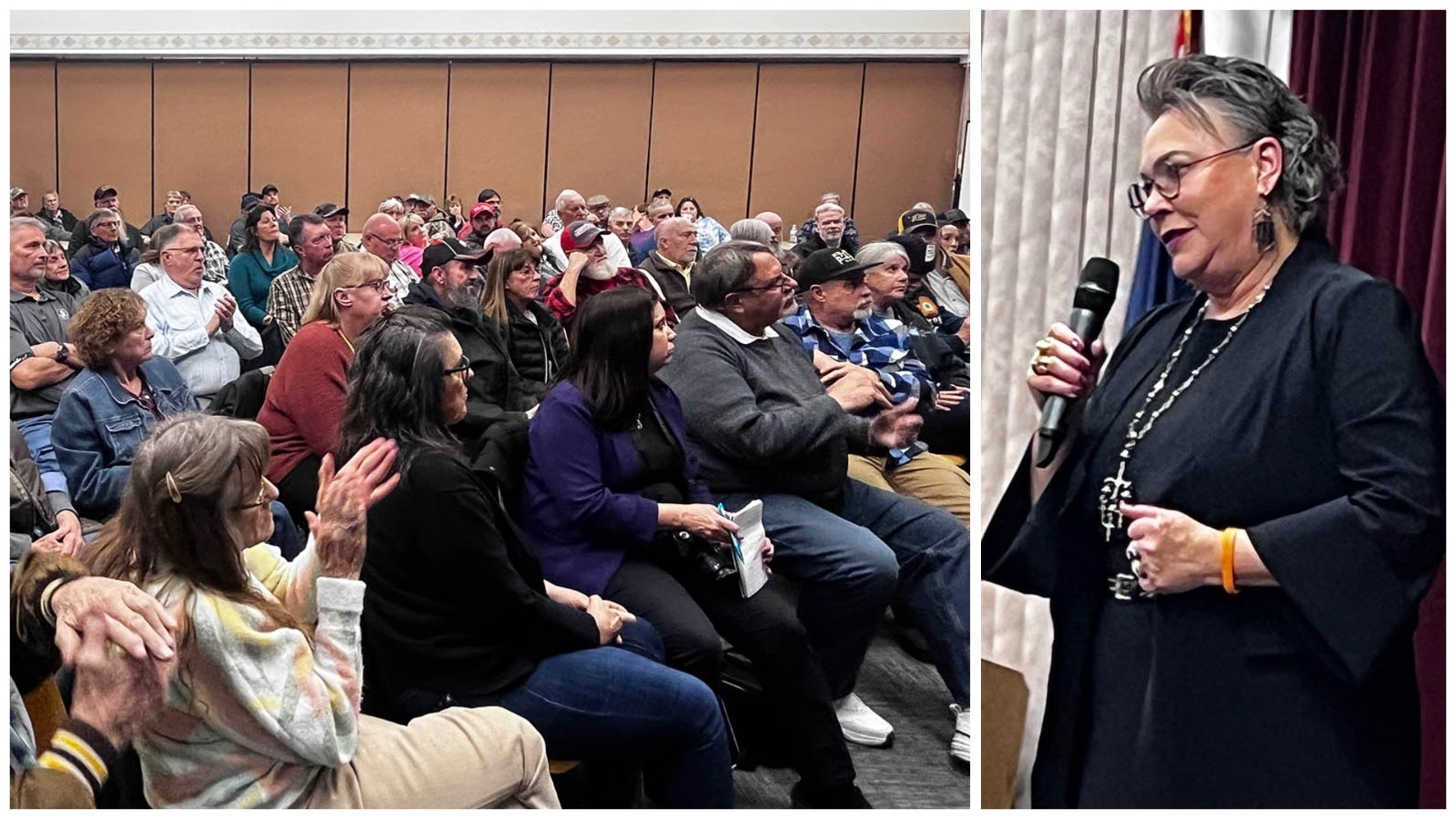 U.S. Rep. Harriet Hageman, R-Wyoming, tells a packed crowd for a Rock Springs town hall meeting Feb. 22, 2024, that border security is the No. 1 issue facing the U.S. now.