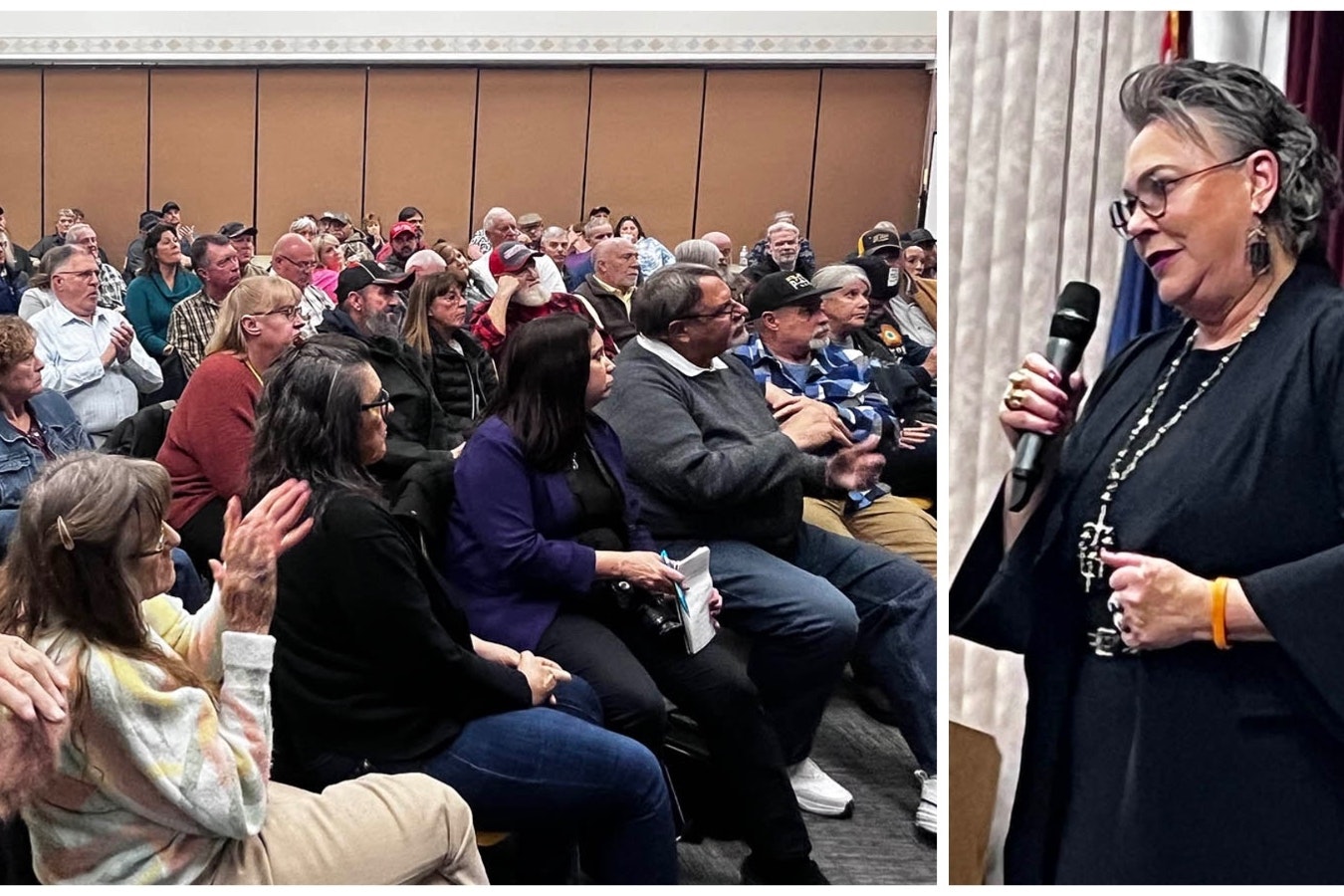 U.S. Rep. Harriet Hageman, R-Wyoming, tells a packed crowd for a Rock Springs town hall meeting Feb. 22, 2024, that border security is the No. 1 issue facing the U.S. now.