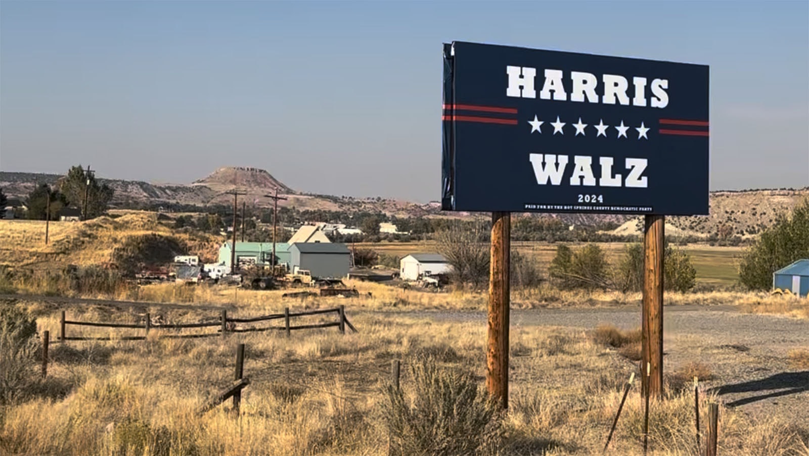 A billboard campaigning for the Democratic presidential ticket has been put up just outside Thermopolis, Wyoming, along Highway 20.