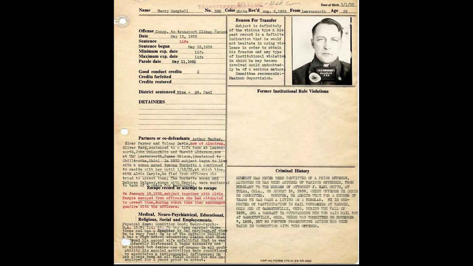 Harry Campbell’s federal criminal record.