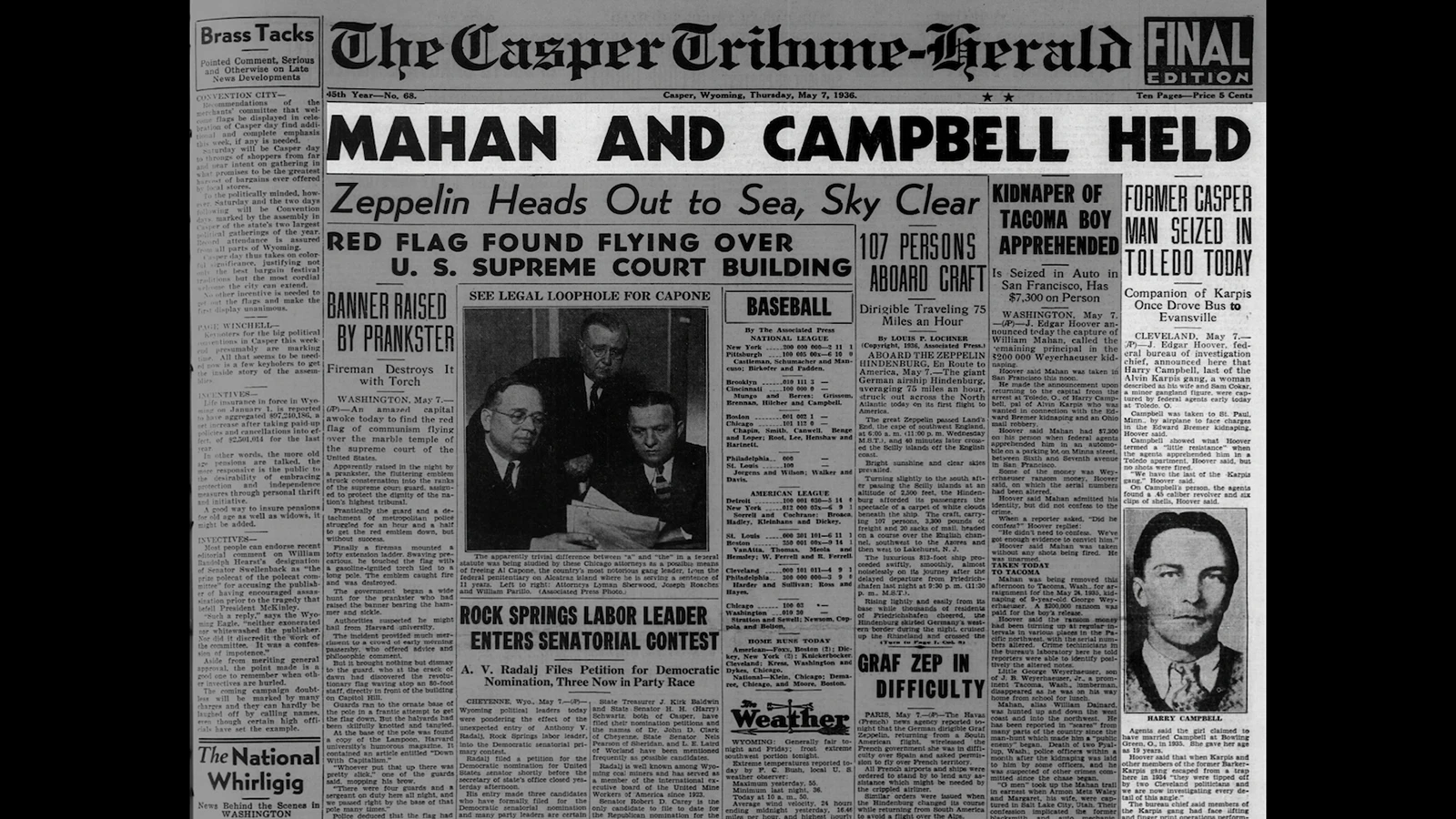 The Casper Herald-Tribune made the capture of Harry Campbell in Toledo its lead front-page story on May 7, 1936.