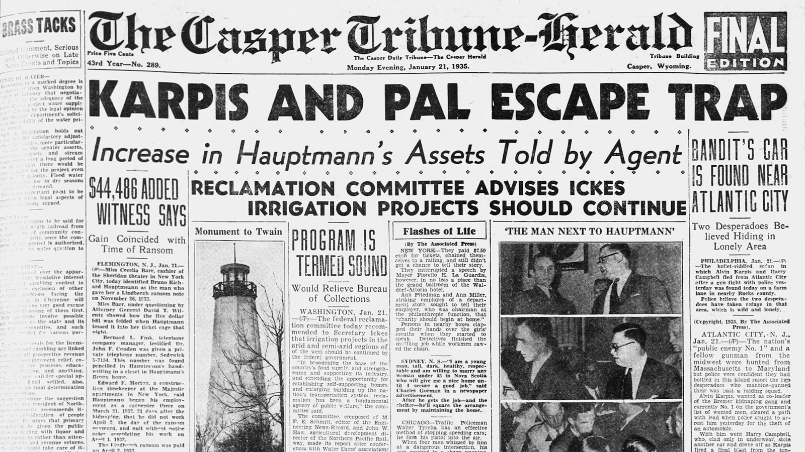 The Casper Herald Tribune was among dozens of papers nationally to put the bullet-riddled escape of Harry Campell and Alvin Karpis on its front page.