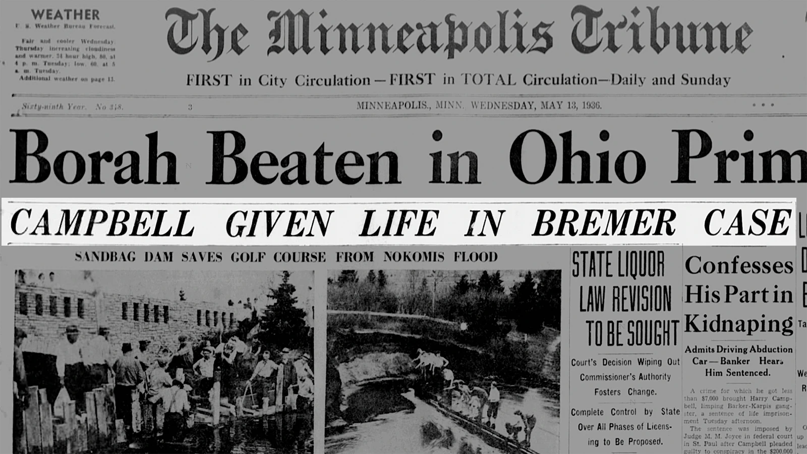 The Minneapolis Tribune on May 13, 1936, proclaims Harry Campbell’s life prison sentence.