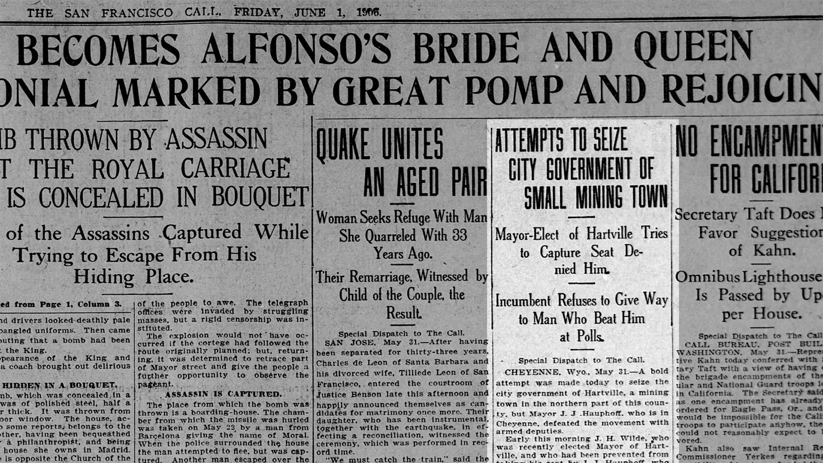 The San Francisco Call newspaper put a story about the Hartville controversy next to one of its earthquake follow-up stories on June 1, 1906.