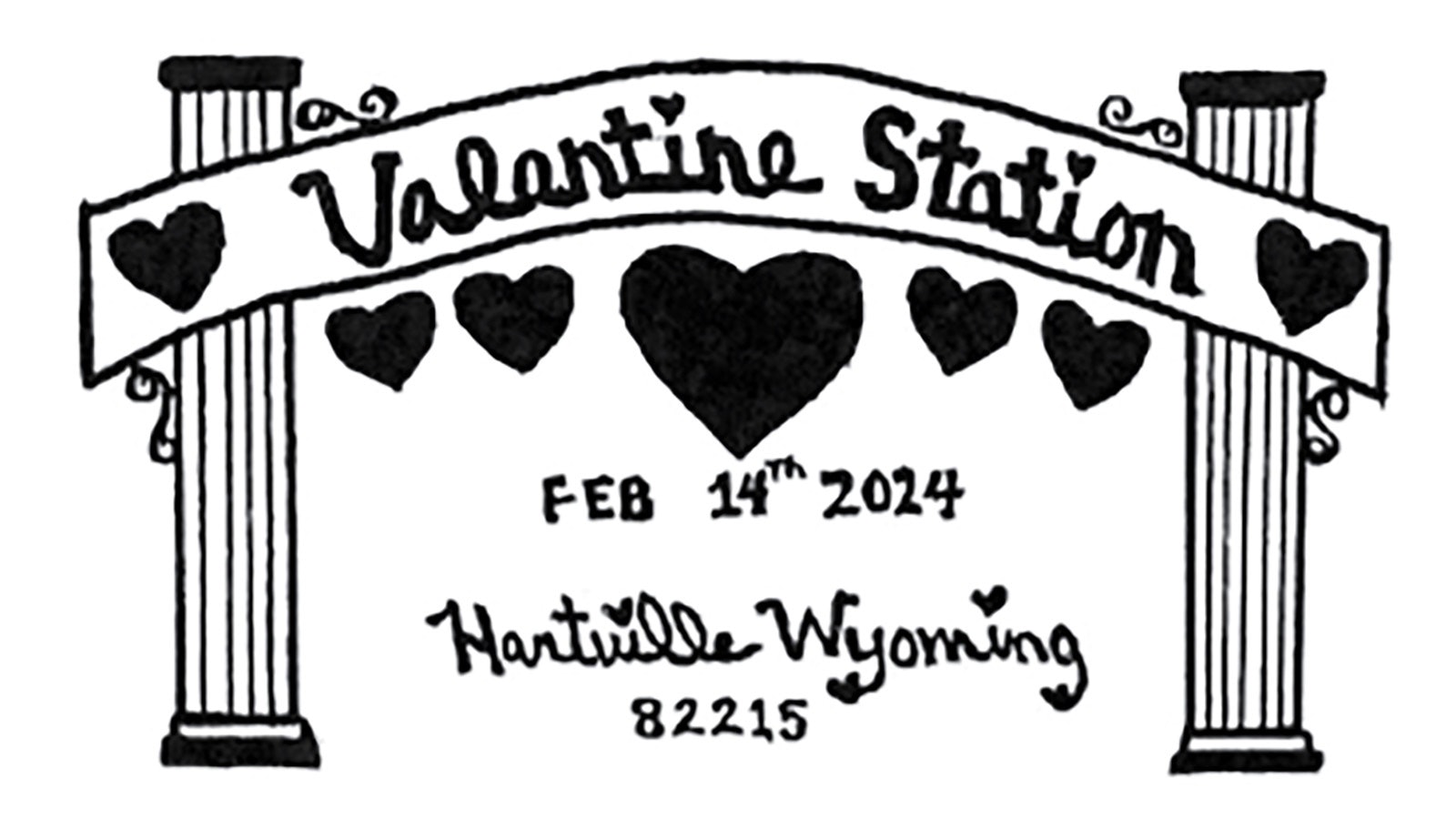 The 2024 Hartville, Wyoming, commemorative Valentine's Day stamp, created by local resident Daniel Offe.