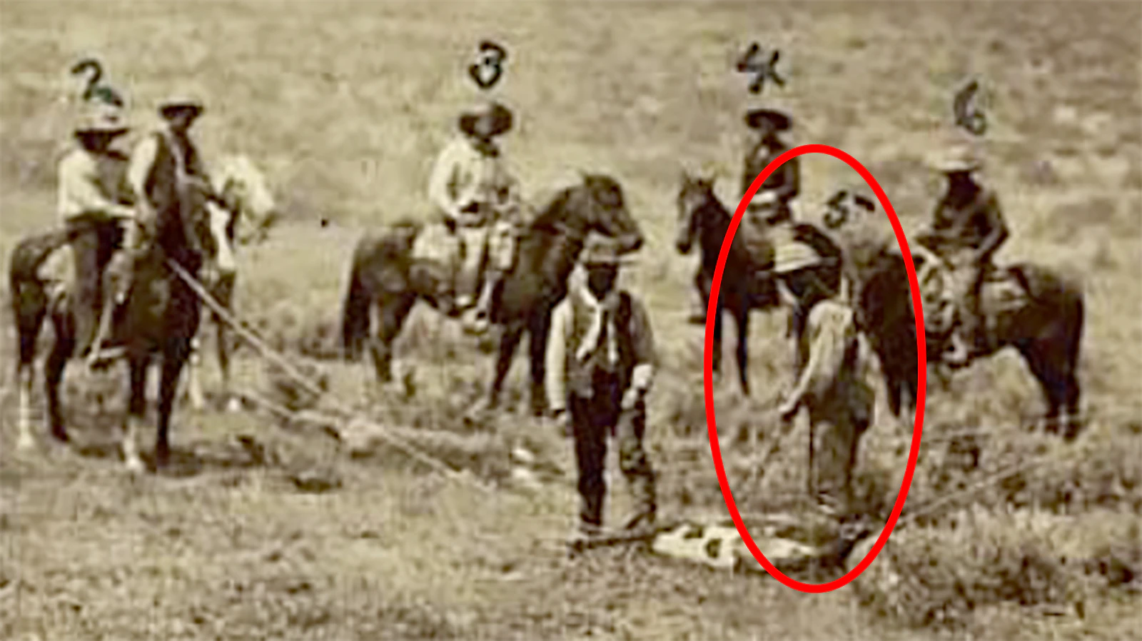 Historian Mike Bell said that after over a year of research, he has verified that two of the cowboys pictured in this 1867 branding photo on Kirby Creek are identified correctly as two notorious outlaws. No. 5 is Harve Ray, who went on to become involved in the Belle Fouche robbery and the Wilcox train robbery and Mike Barnett who was killed in a shootout at the Cunningham Cabin in Jackson. It is the only known photo of Ray, who was more notorious and well-known in his time than Butch Cassidy and the Sundance Kid.