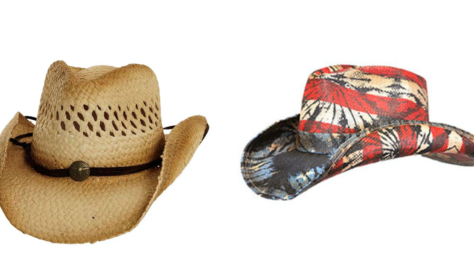 At left, typical straw hat found at most tourist shops. At right, also not a cowboy hat.