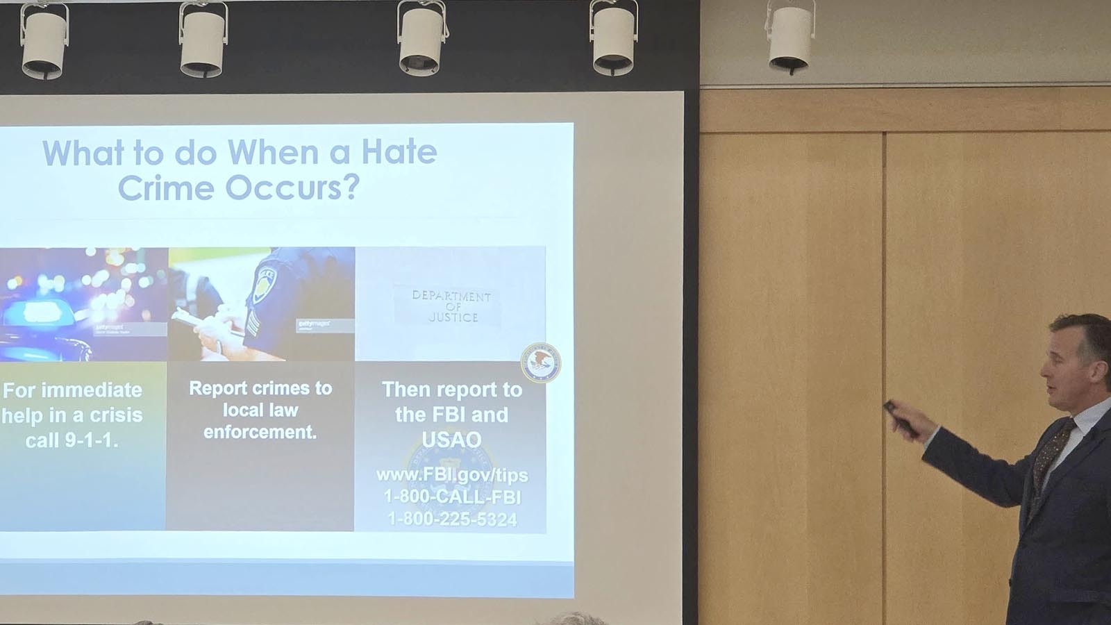 Wyoming Acting U.S. Attorney Eric Heimann speaks during a presentation on hate crimes on Monday night in Cheyenne.