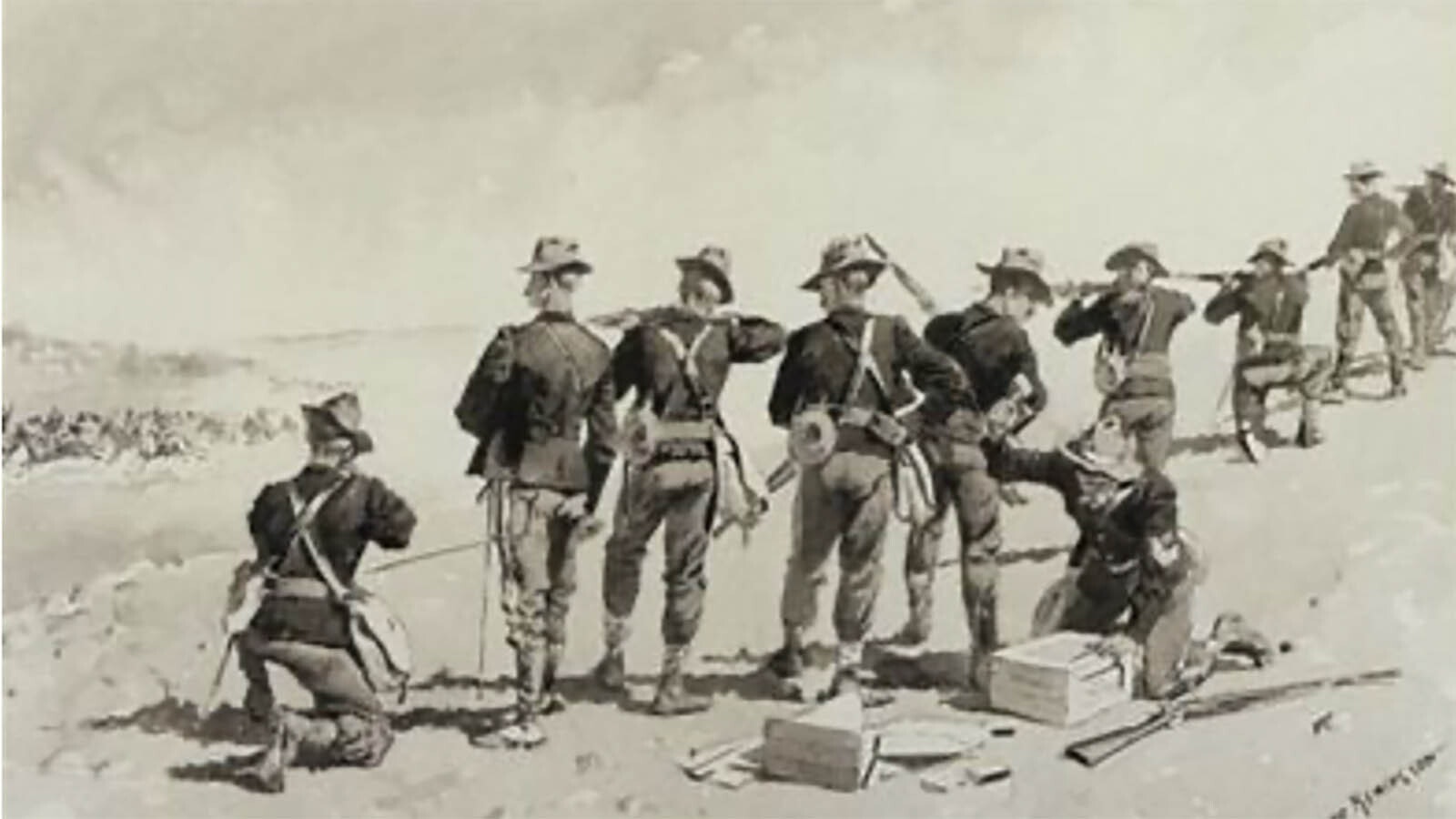 Private David William Duck was identified as a private in the Eighteenth Infantry at Fort Kearny in 1866.  Artist Remington often sketched these soldiers as they went about their work.