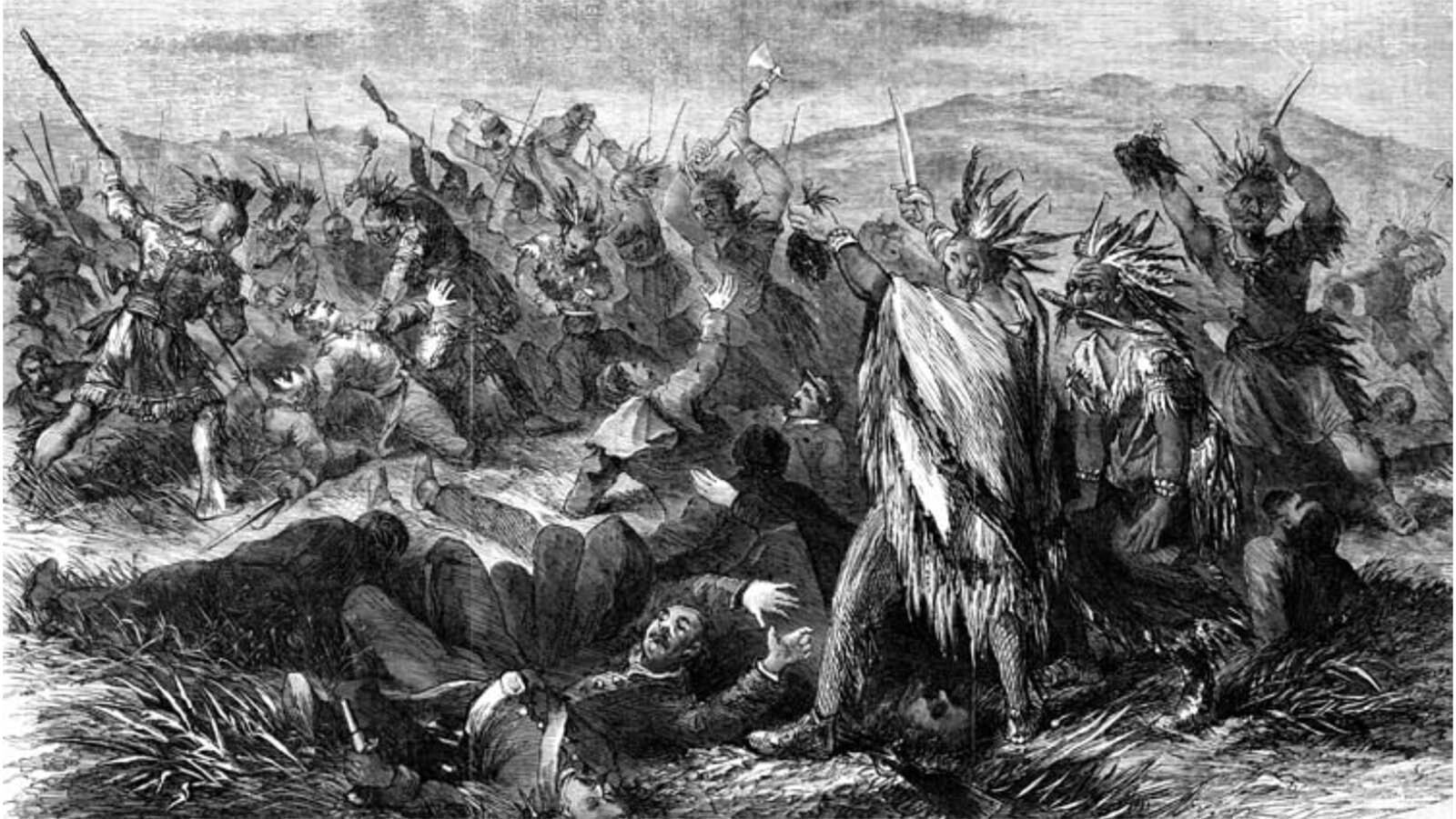 Illustration of the Fetterman fight from Frank Leslie's Illustrated Newspaper. Most Plains Indians, as seen here, were armed with their traditional weapons, including bows, spears, and clubs.