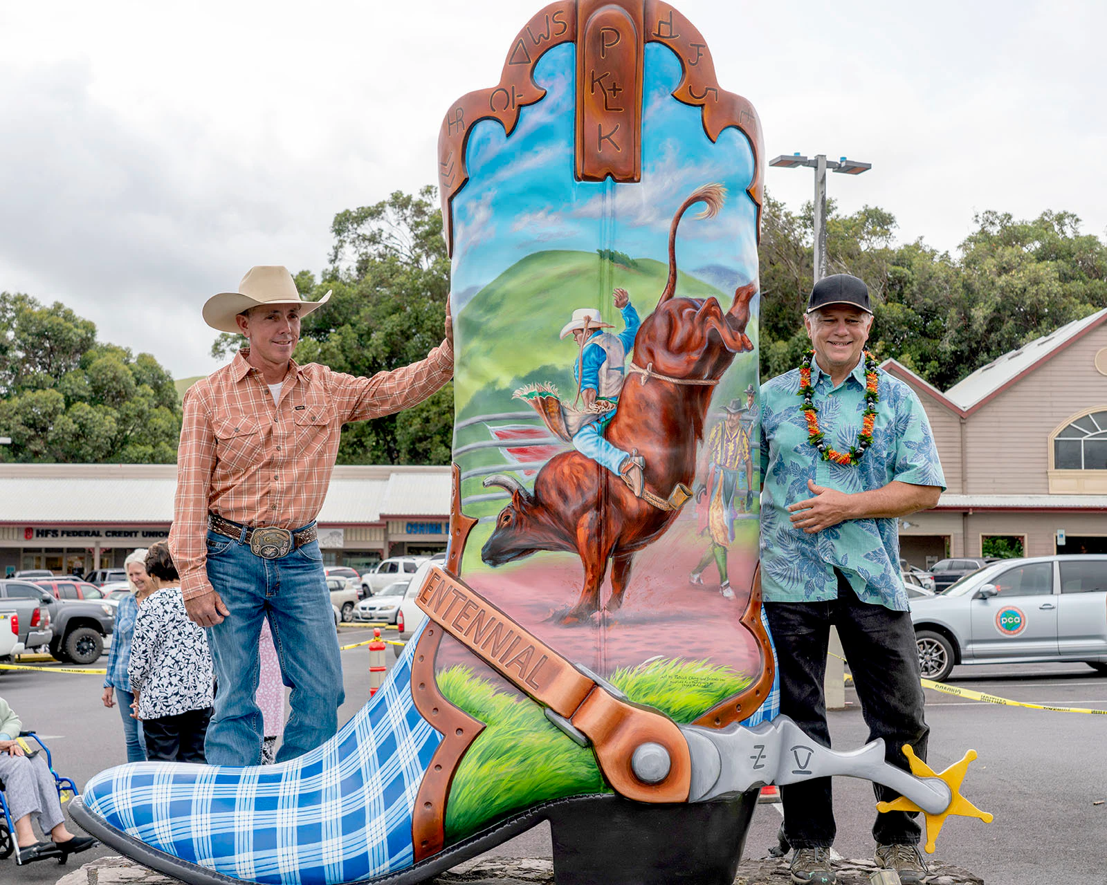 Dusty Miranda, a bull rider, with Patrick Ching at the Waiomina boot dedication.