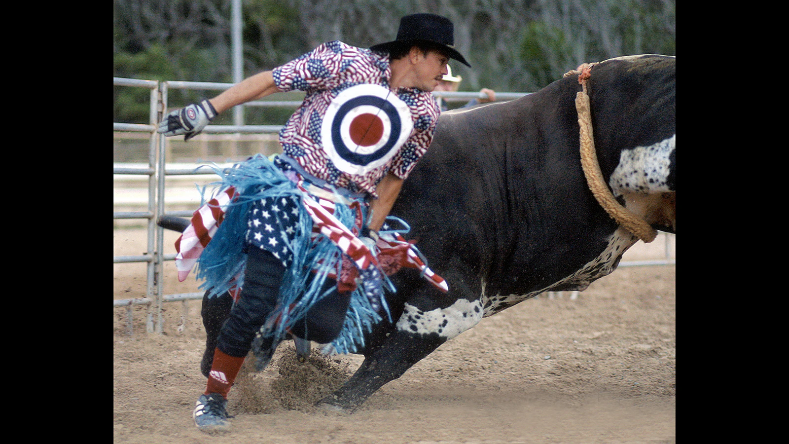 Patrick Ching plays a rodeo clown during a 2004 rodeo.