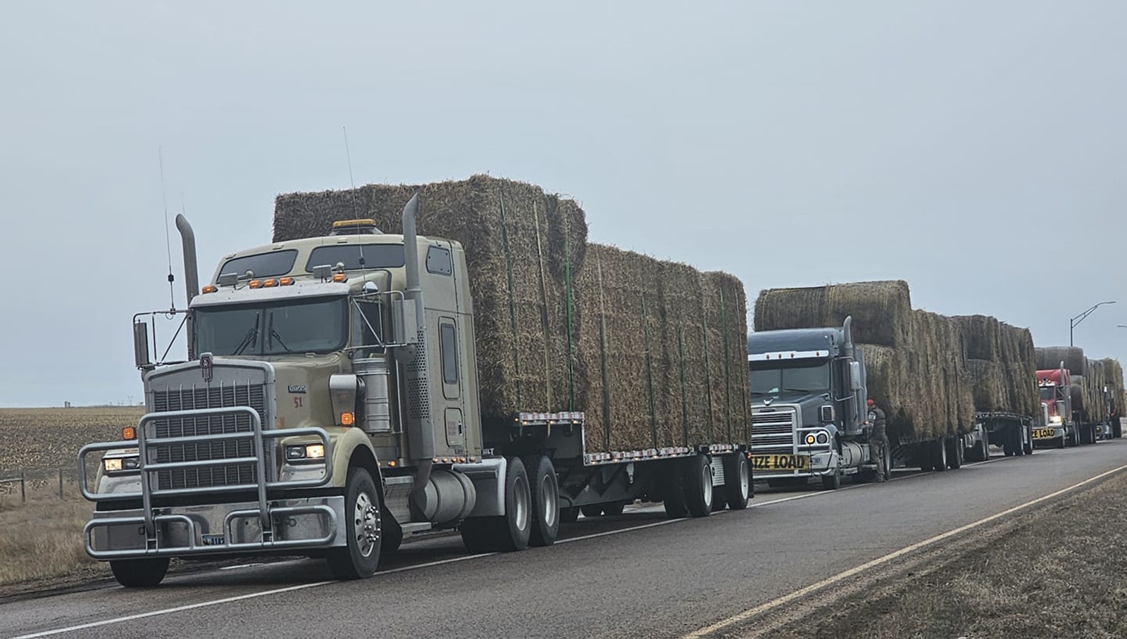 Stopping to check straps on hay bales headed to Texas from Wyoming.