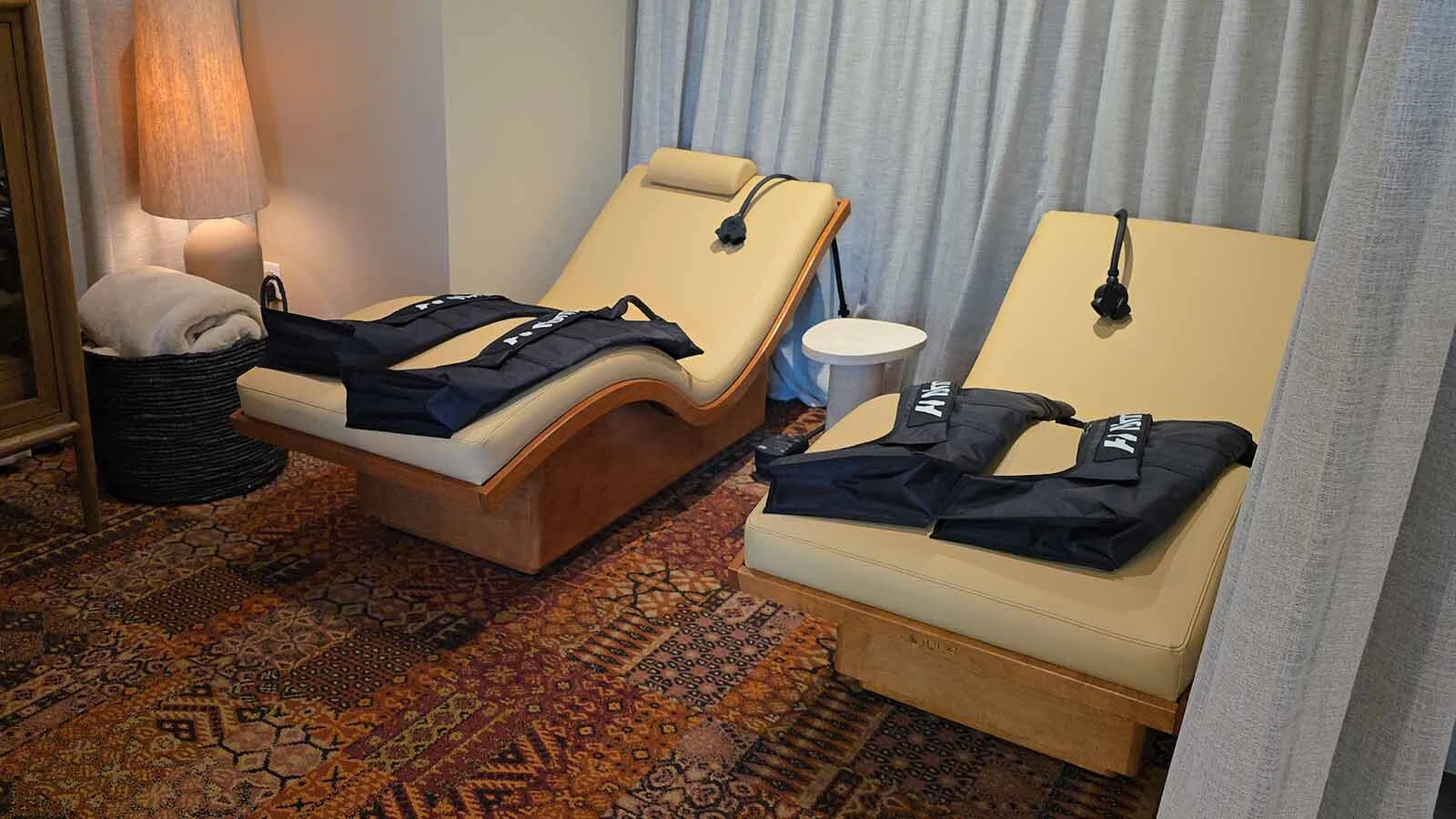 These compresson boots are part of a four-station recovery circuit at the Ember Lily Spa, which is part of the former Snow King Resort in Jackson, which is now known as Trailborn.